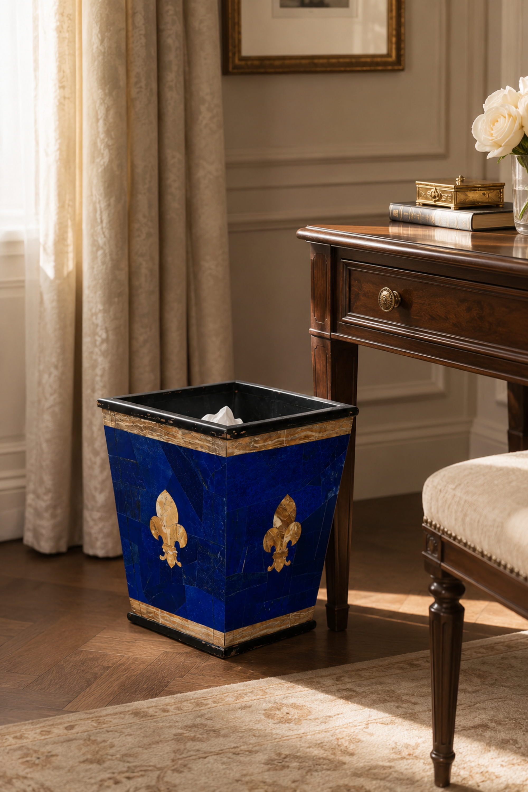 Lapis Basket/Dustbin with Semi-Precious Stones