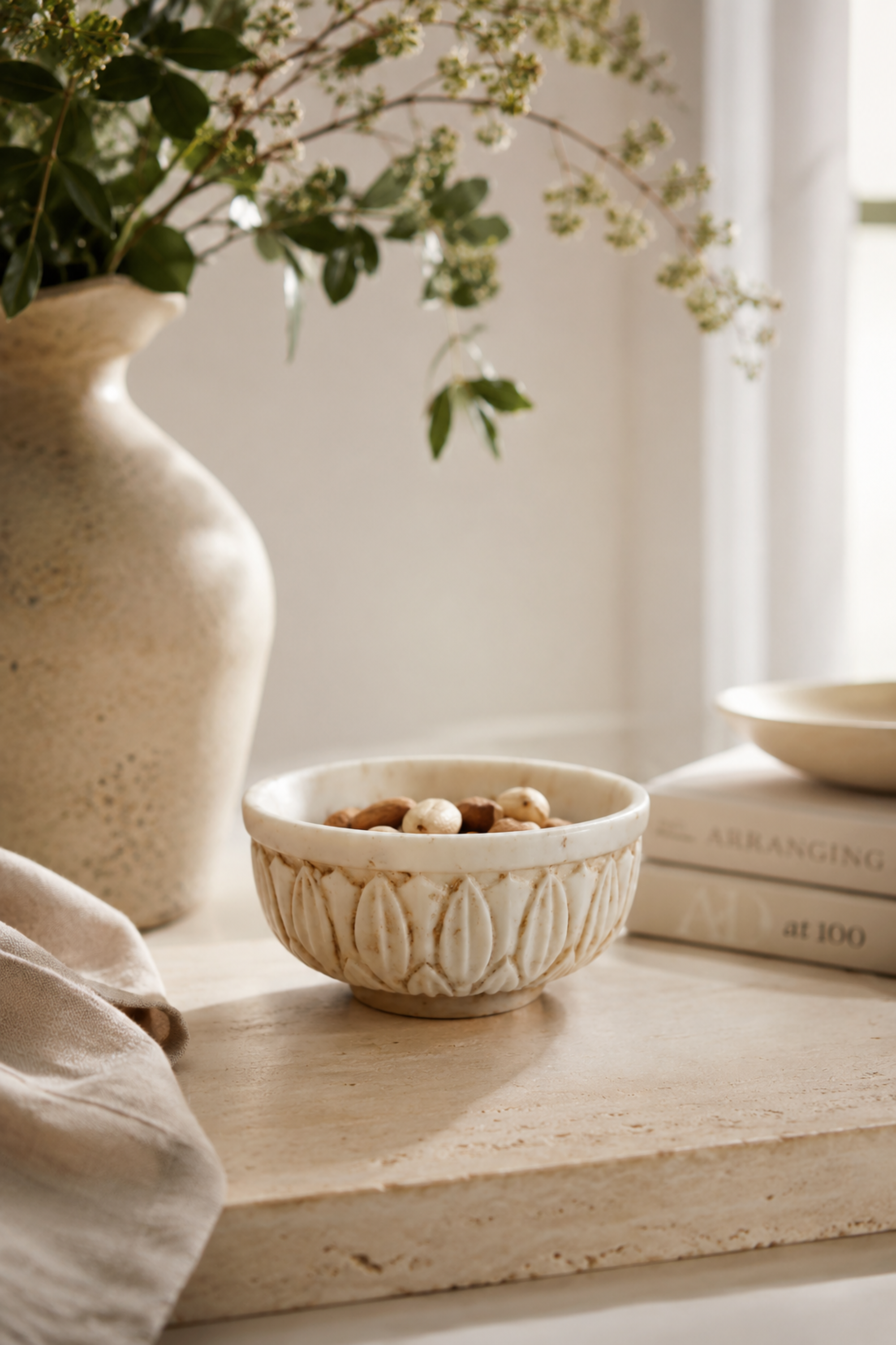 Leaf Motif Low Marble Serving Bowl