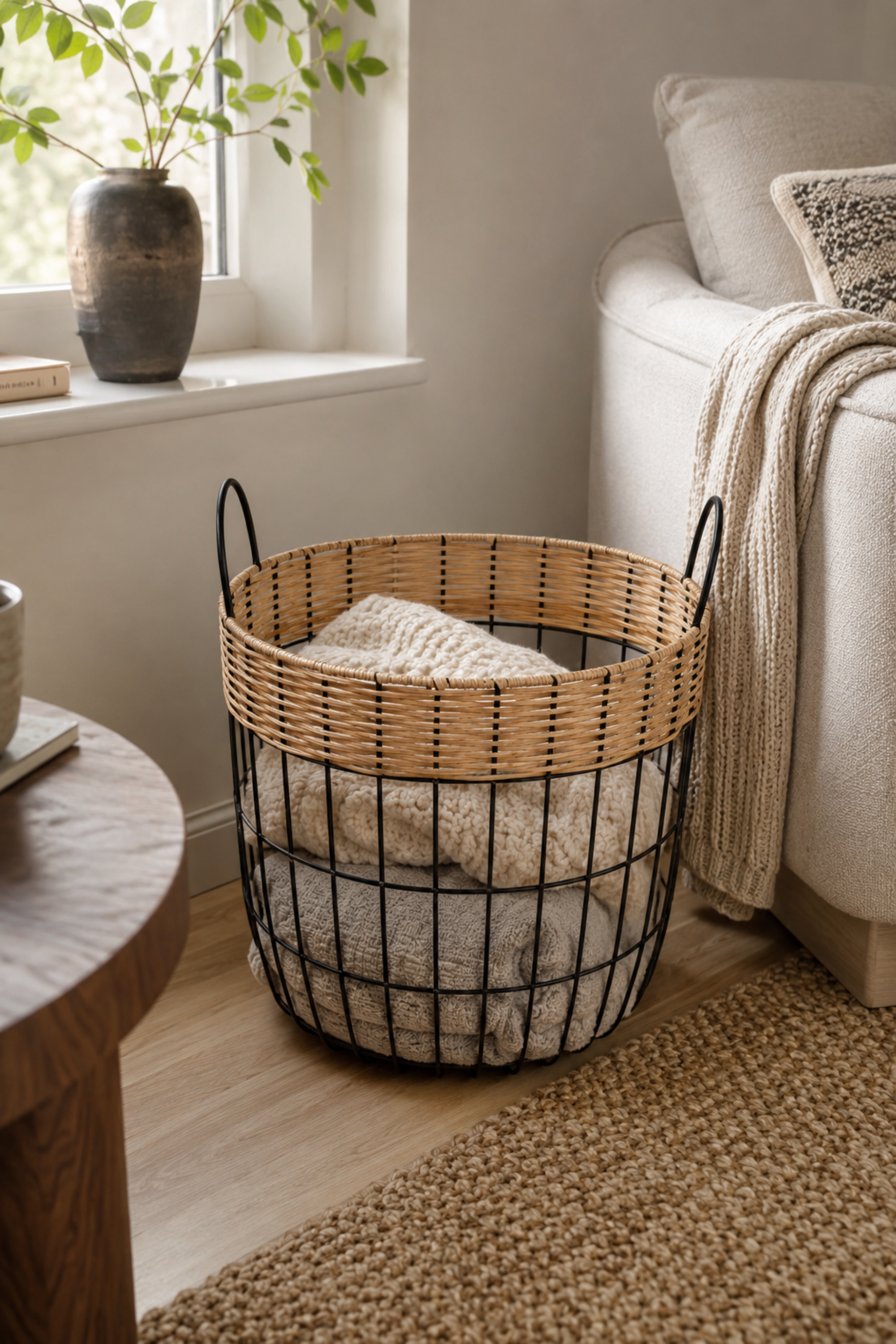 Medium Cane & Iron Storage Basket