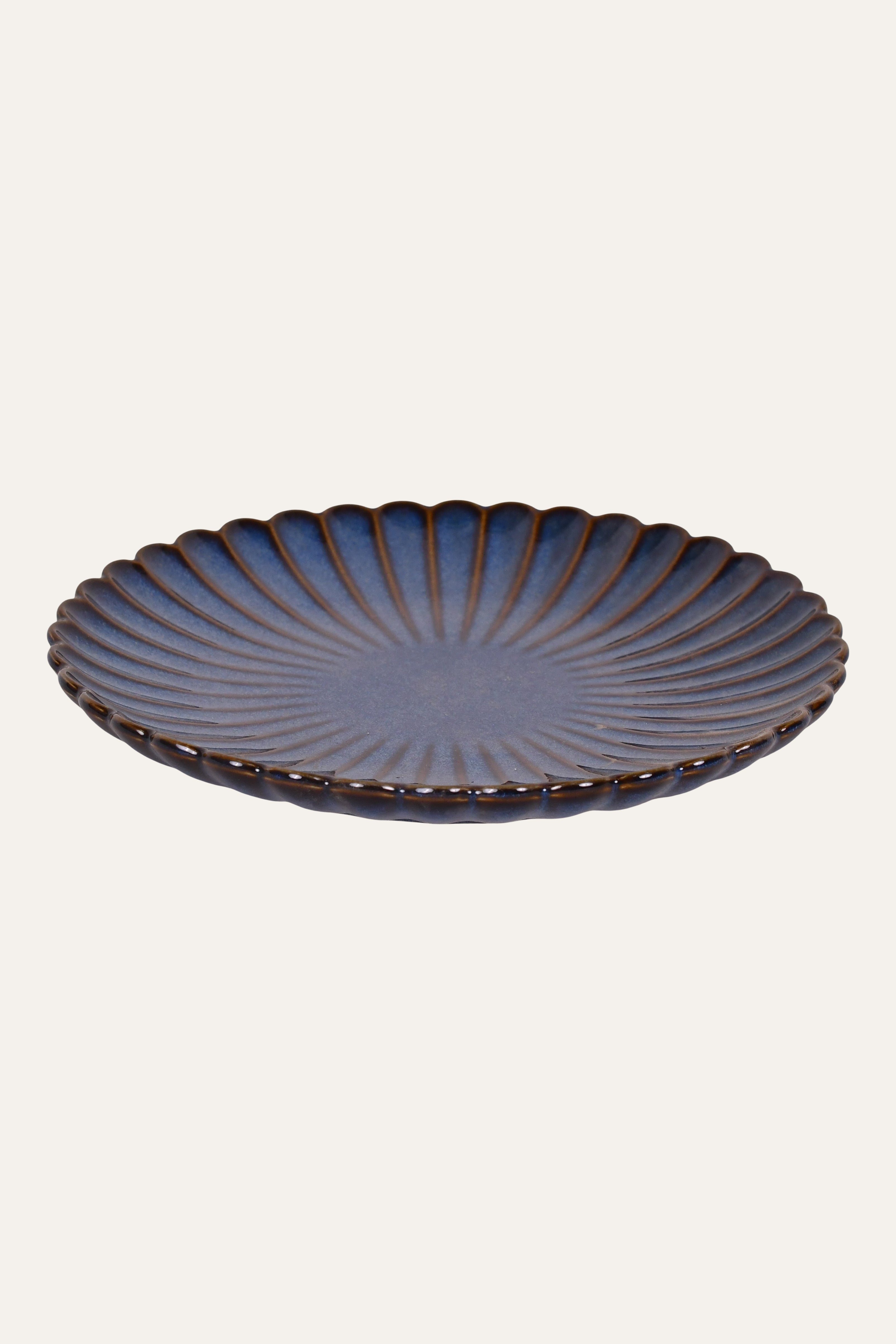 Modern blue ribbed small ceramic serving plate