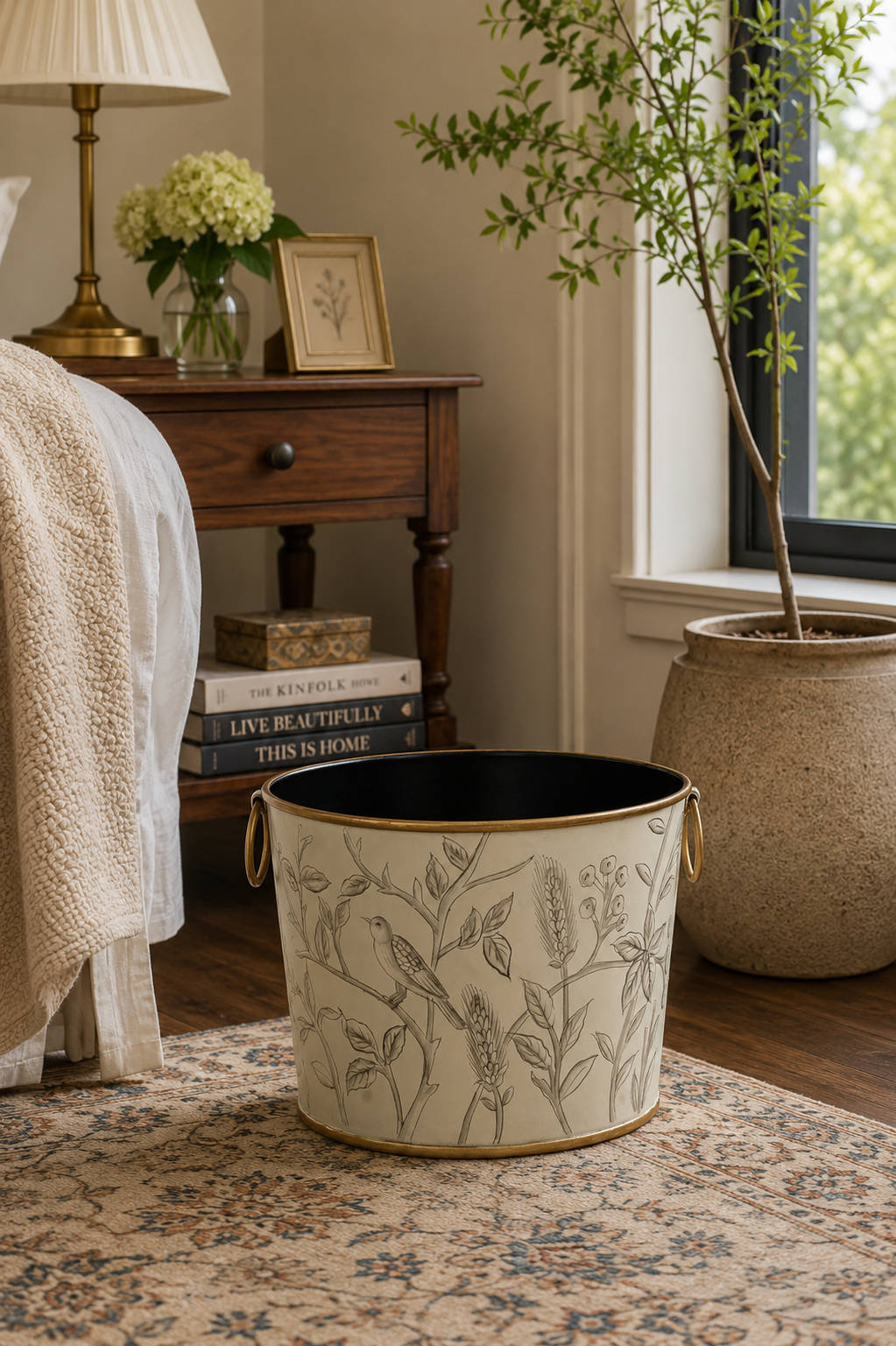 Monochrome Botanical Bird Metal Waste Bin