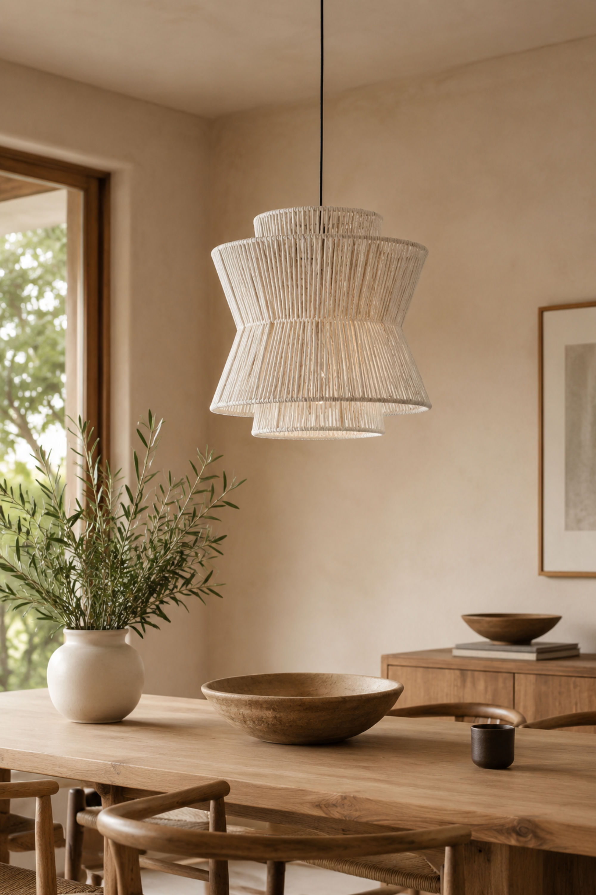 Multi-Tiered Natural Raffia Pendant Light