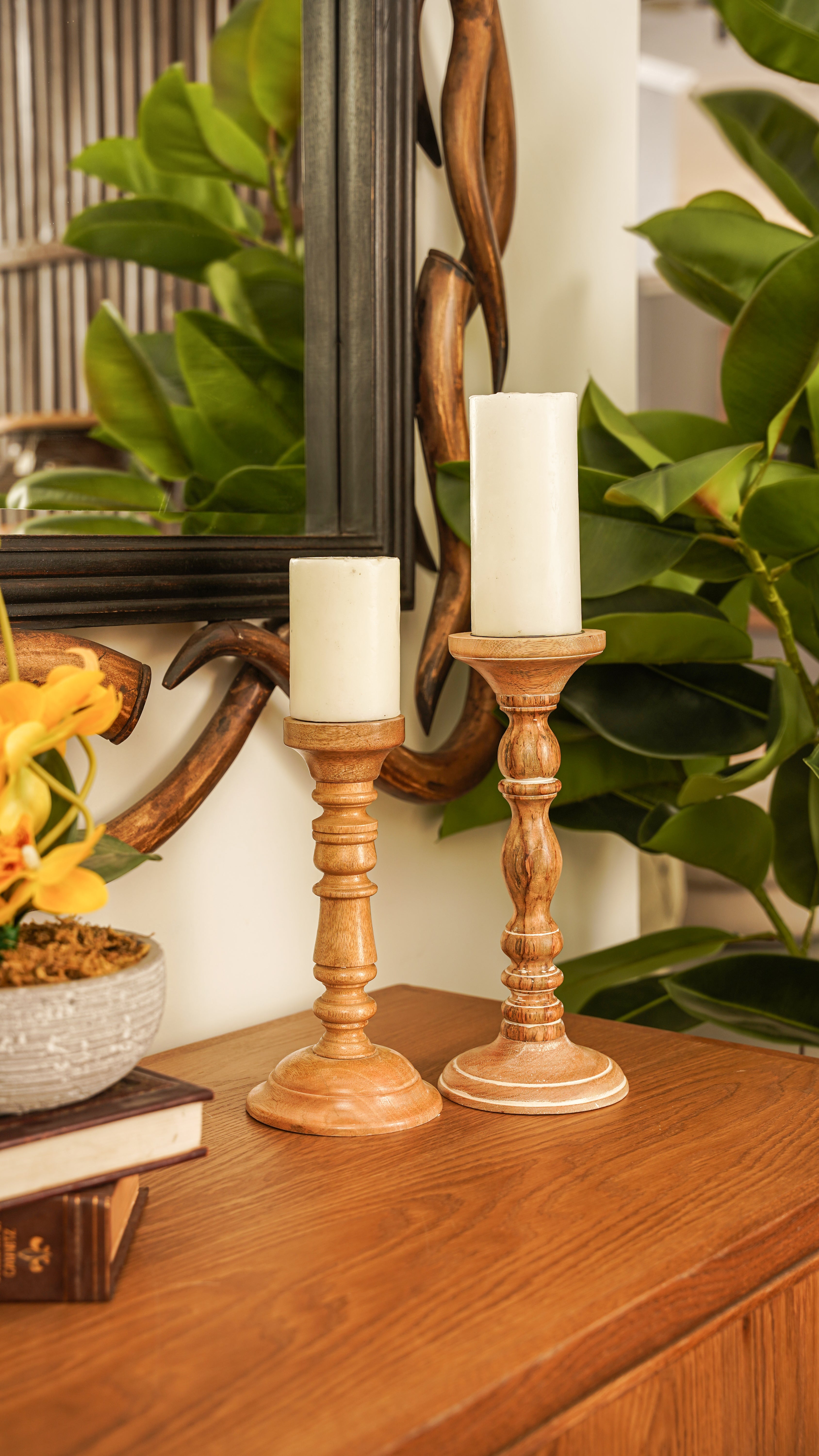 Natural Wood Candle Stand with white details_lifestyle