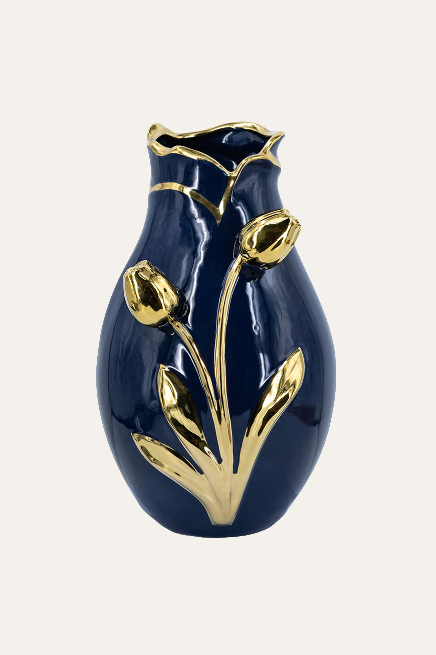Navy blue vase with gold tulip designs