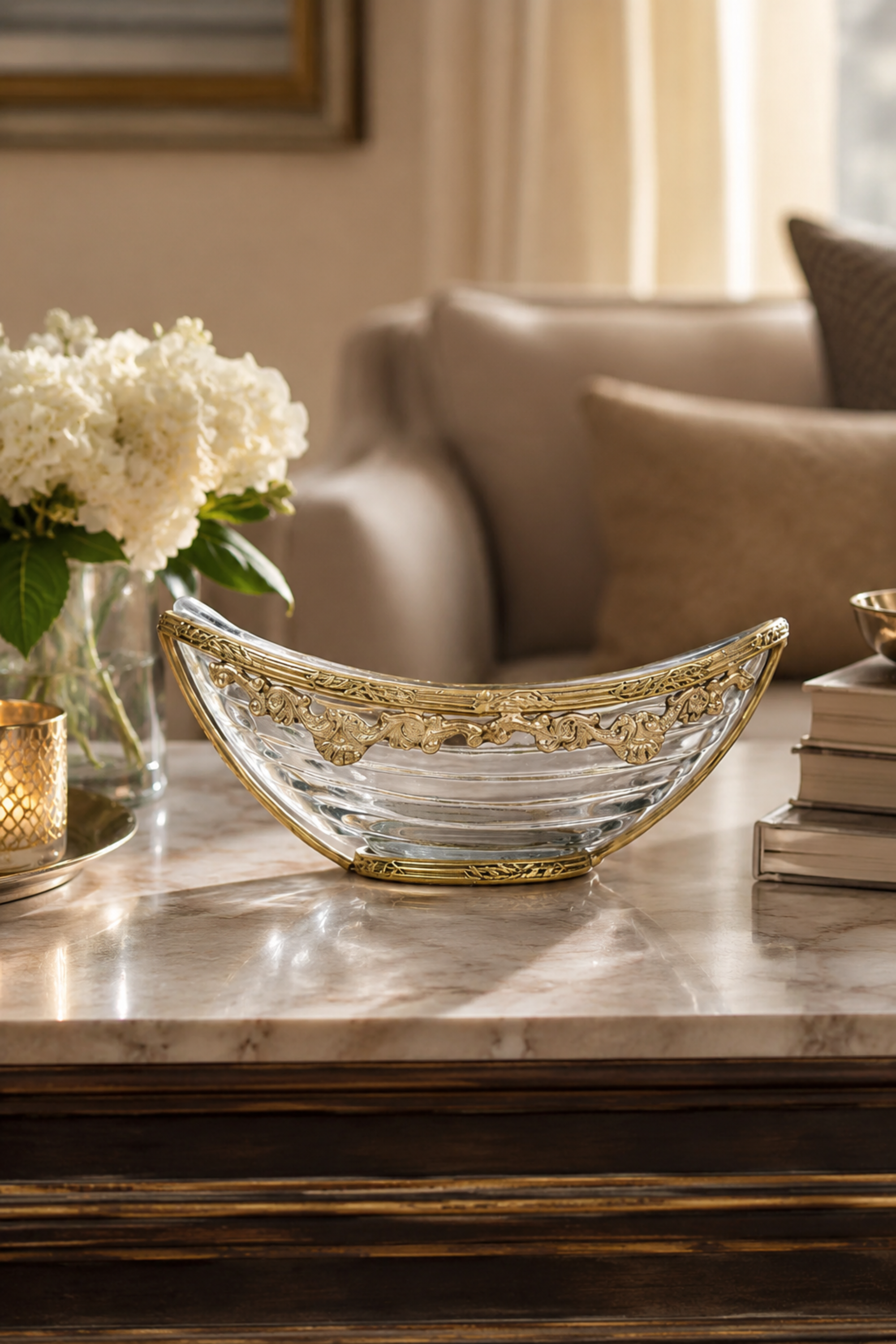 Oval Ribbed Glass Decorative Tray with Antique Brass Finish