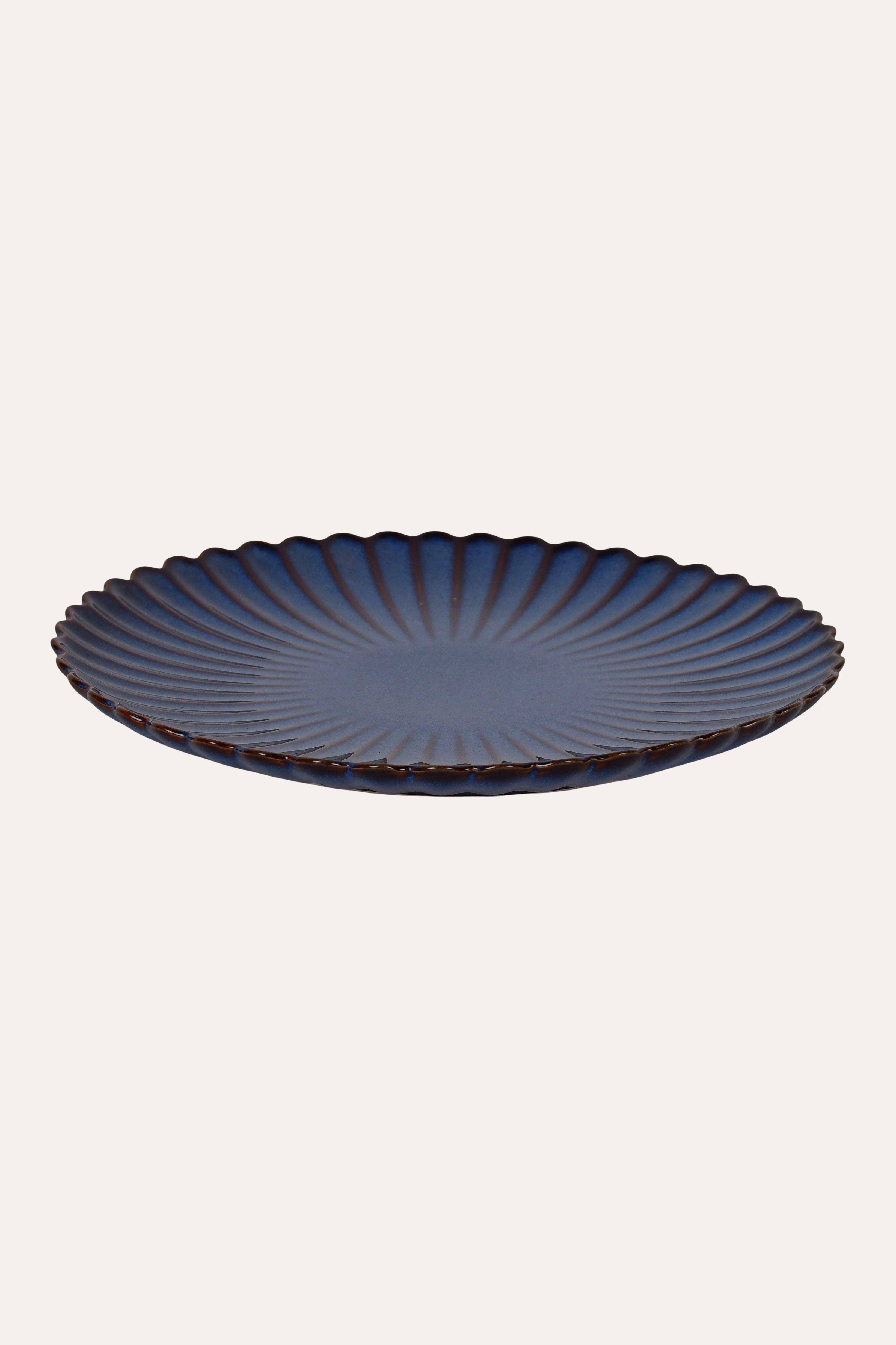 Premium blue ribbed ceramic dinner plate large size