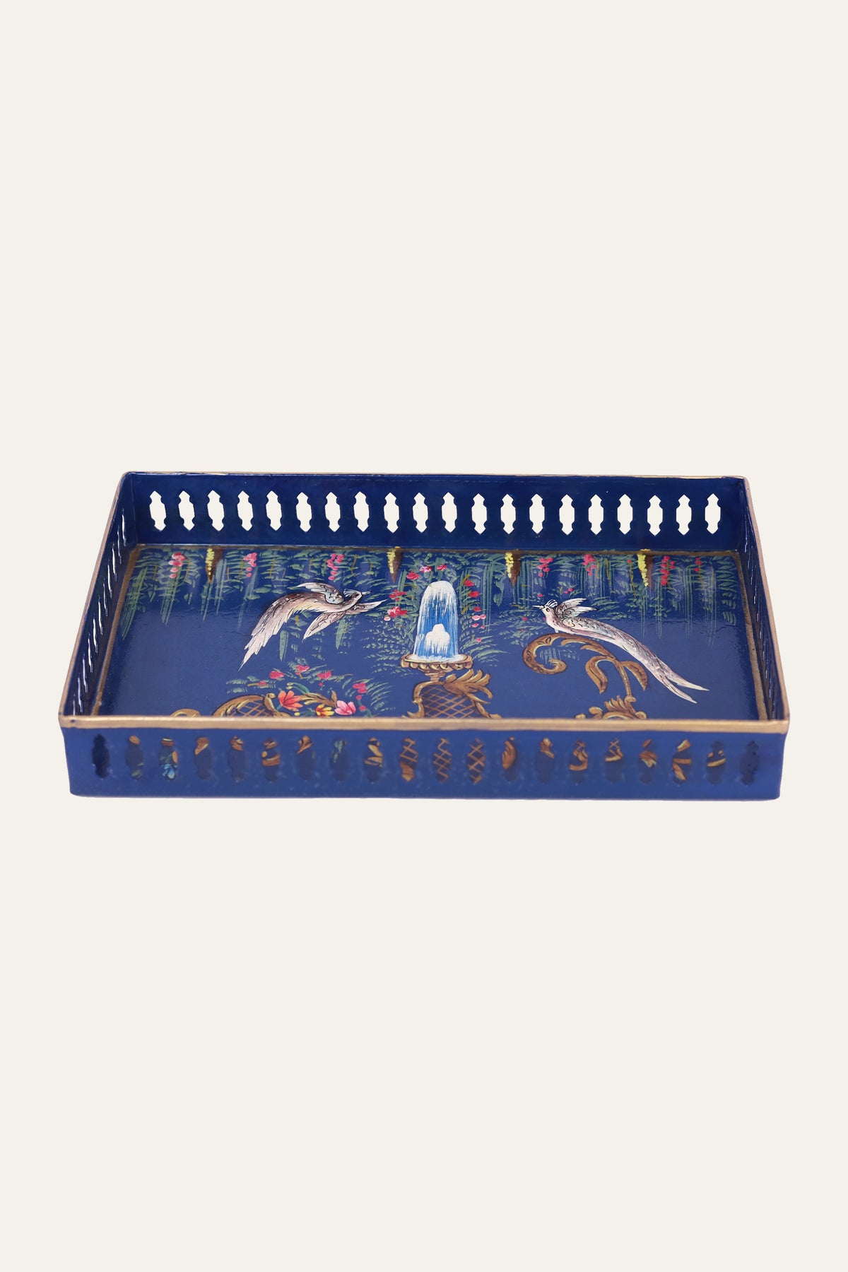Rectangular hand-painted Chinoiserie metal tray