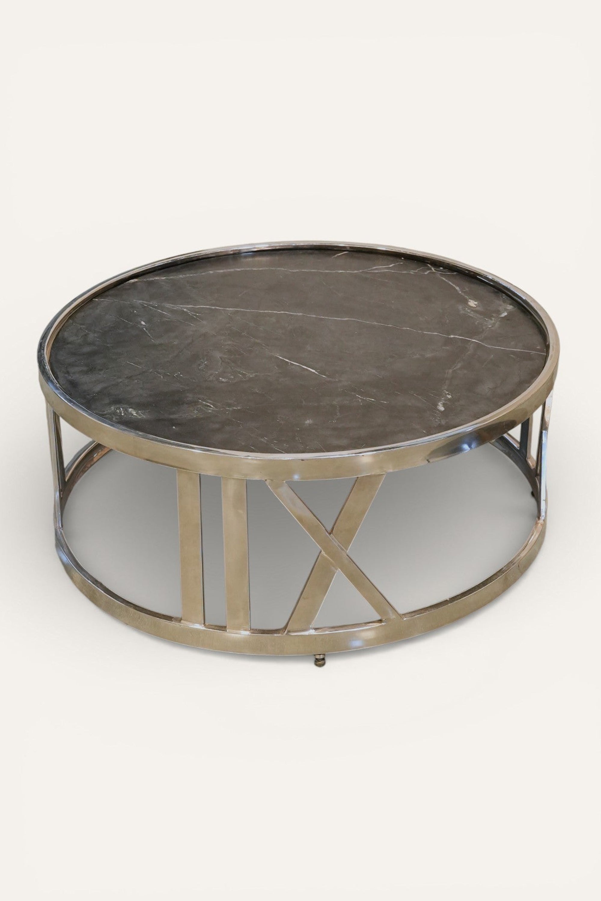 Round Black Marble Coffee Table with Metal Base