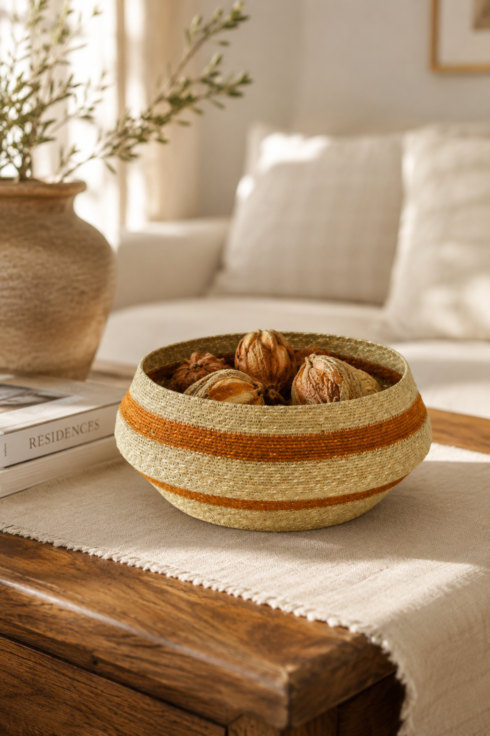 Rust-Striped Seagrass Bowl Basket