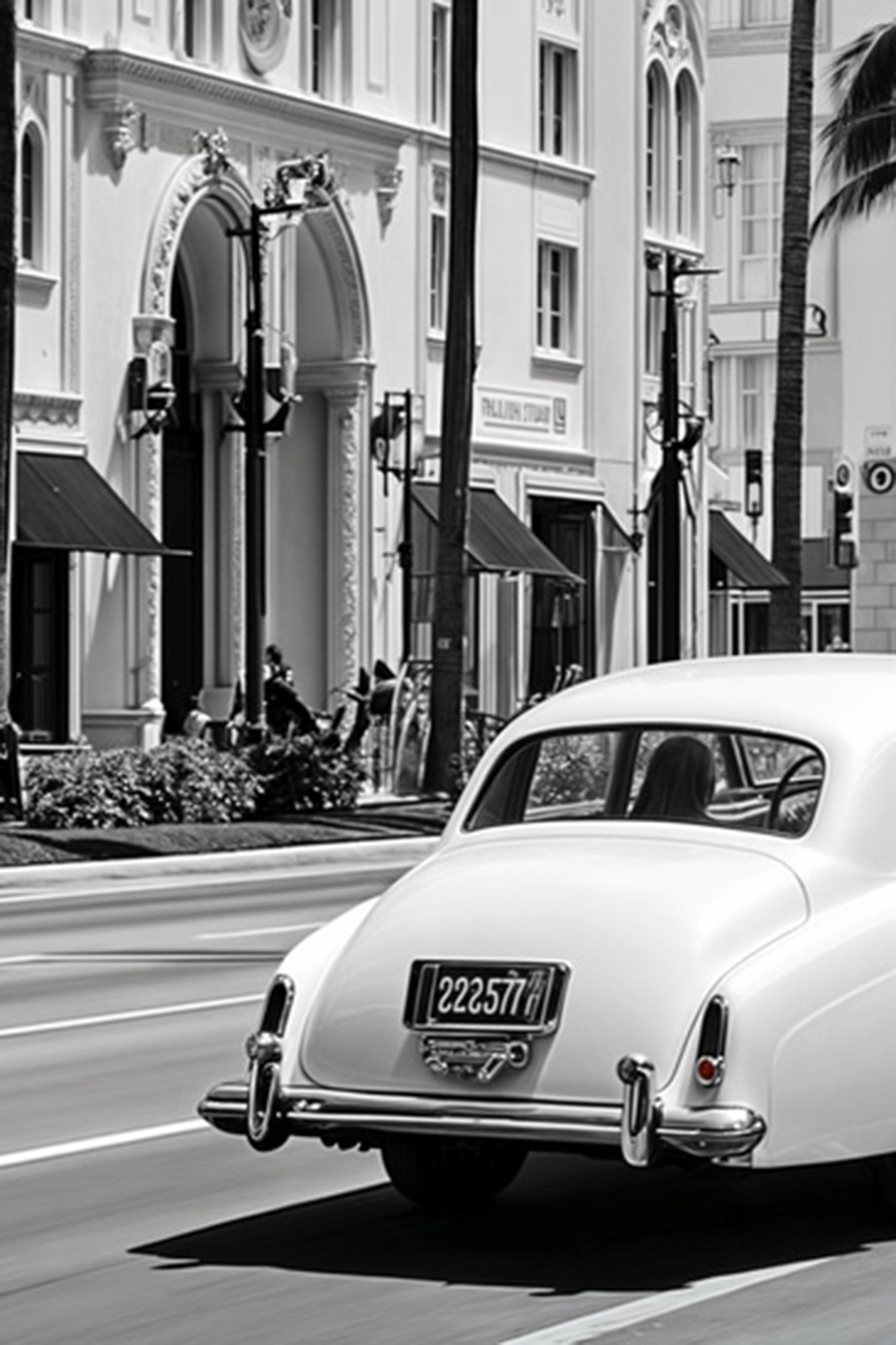 Vintage white car driving painting 