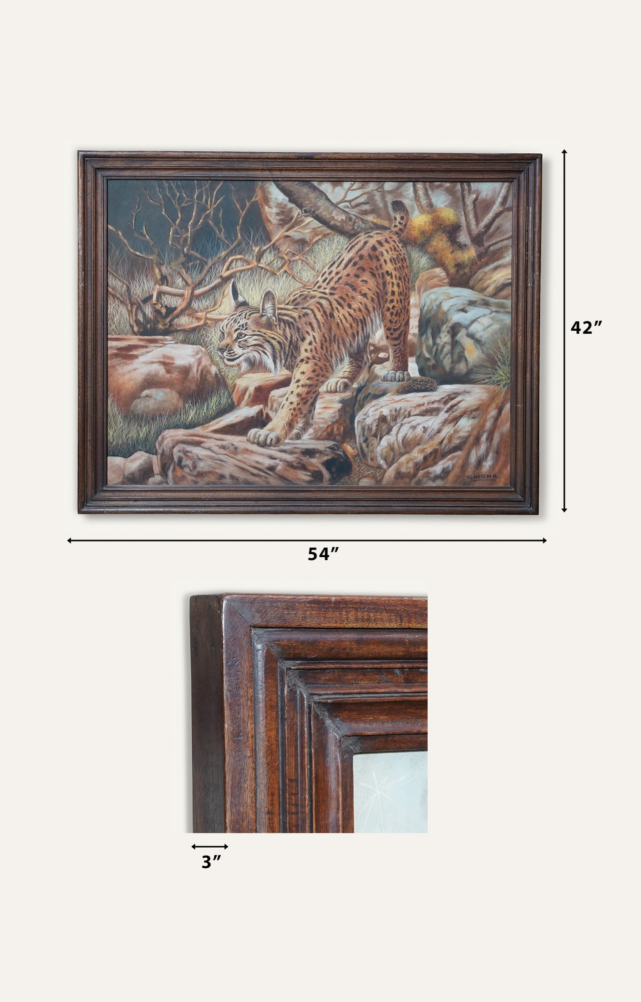 Leopard chasing prey oil painting with antique wooden frame