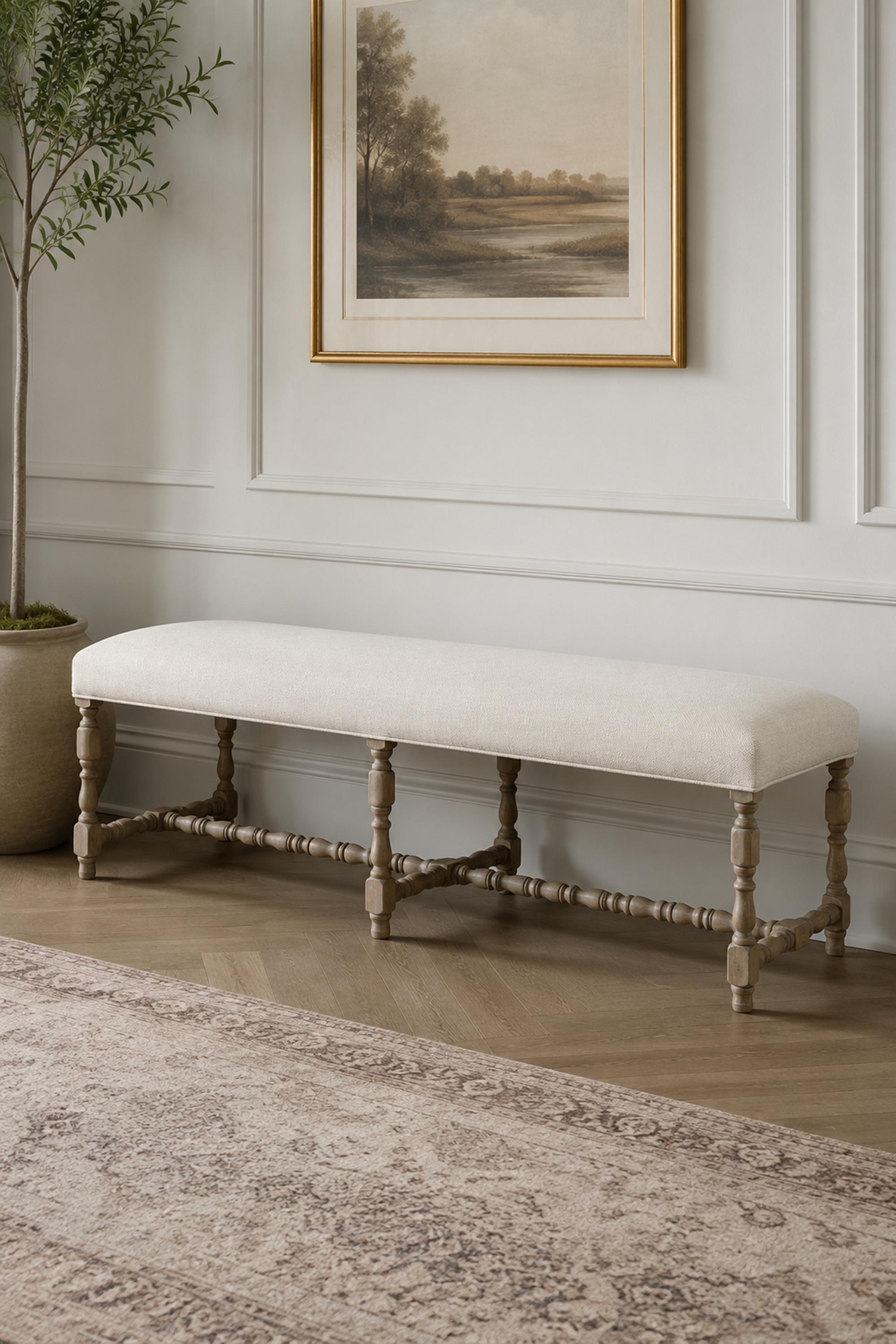 Linen Upholstered Wood Bench with Stretcher Base