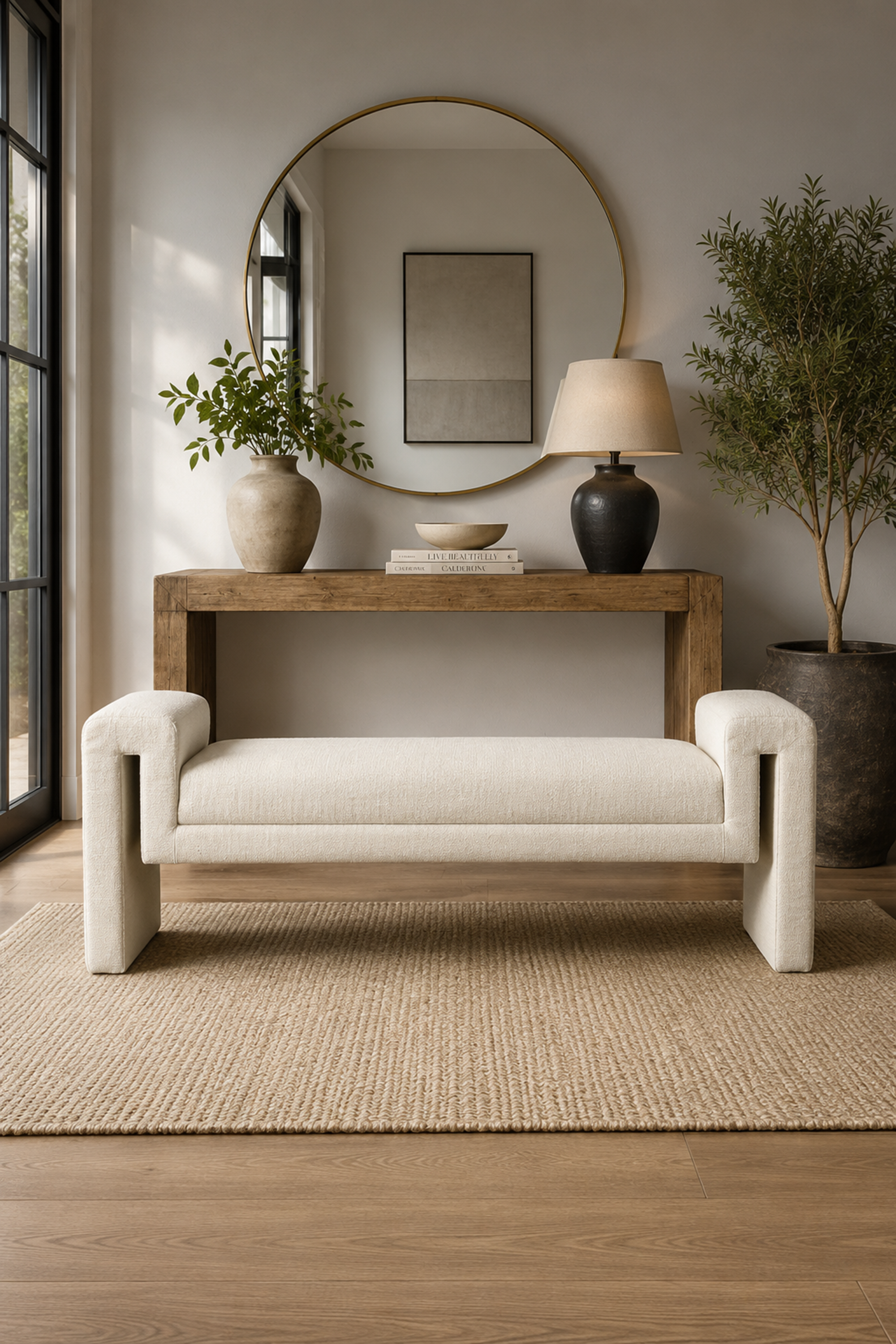 Modern Boucle Upholstered Bench with Curved Arms