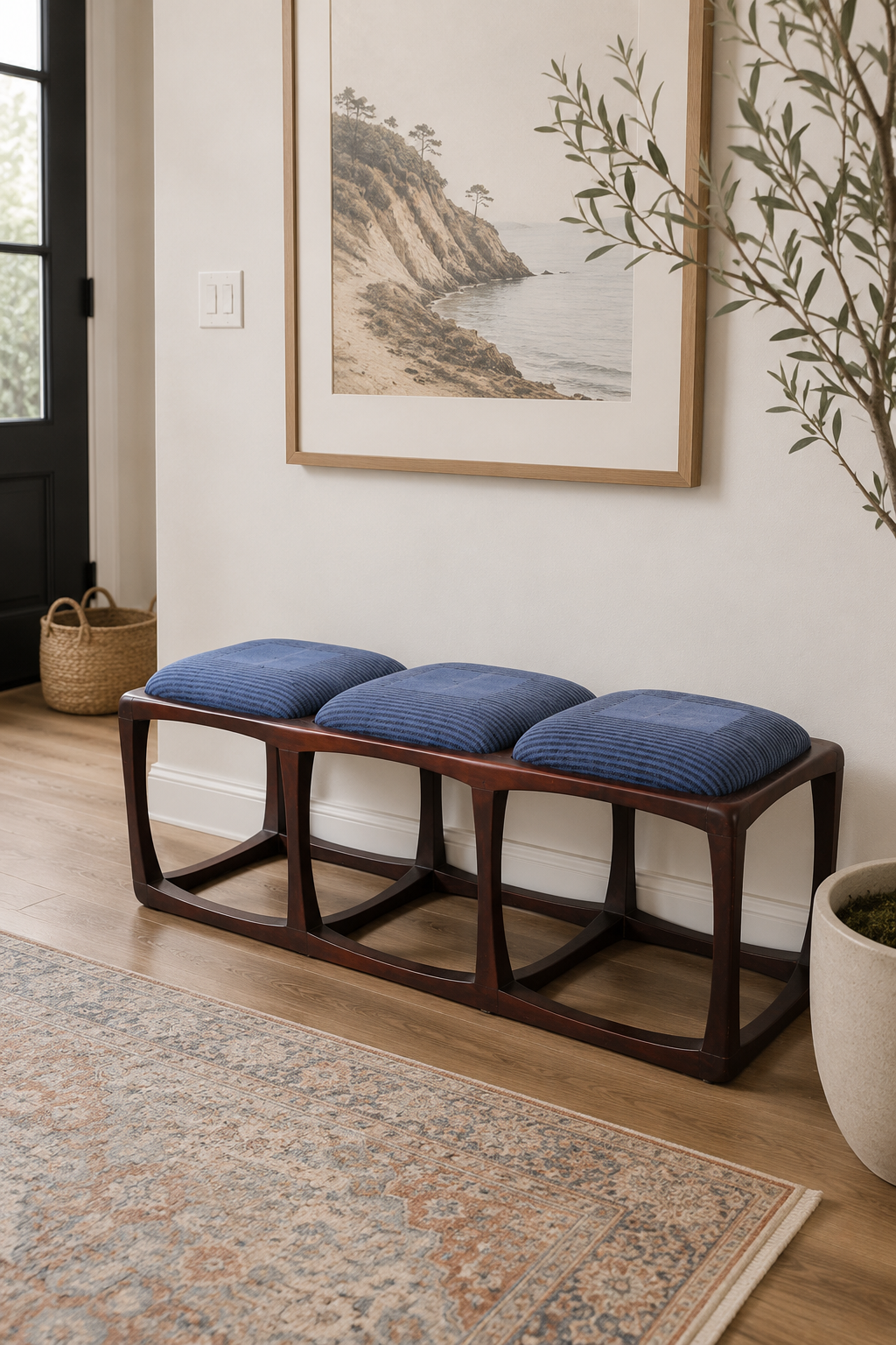 Blue Striped Solid Wood Bench with Geometric Cross Base