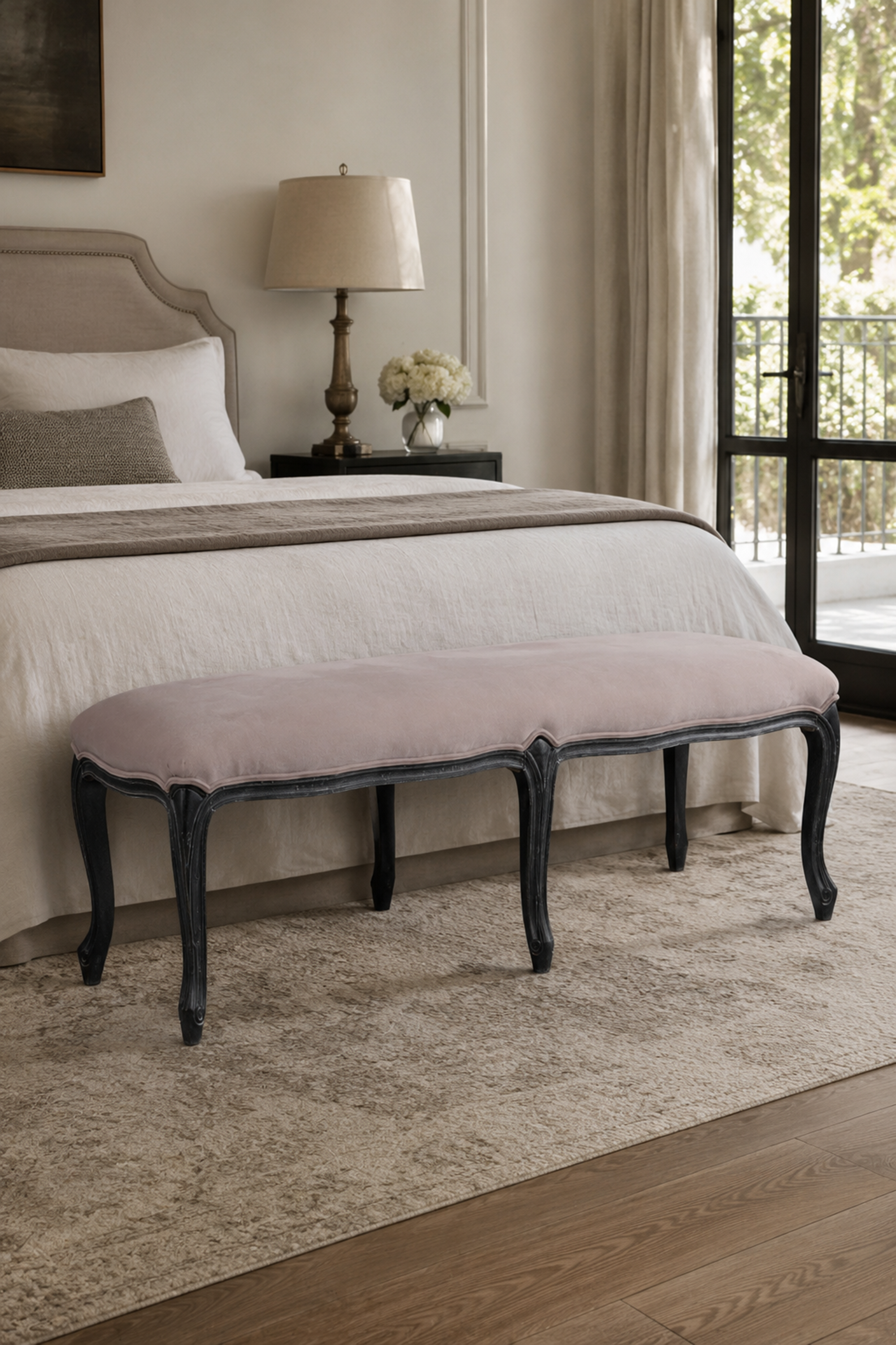 Long  Velvet Upholstered Bench with Cabriole Legs