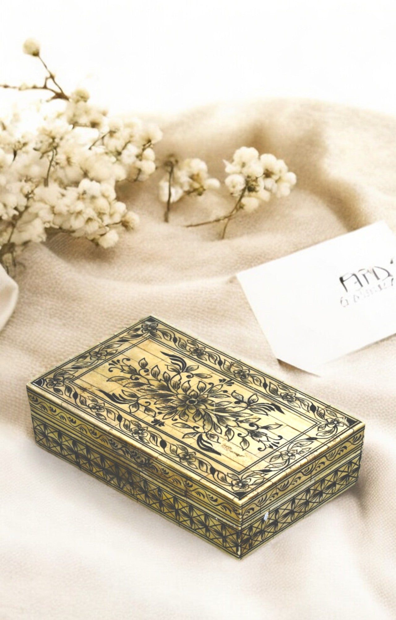 Floral Rectangle Mango Wood and Bone Antique Jewelry Box