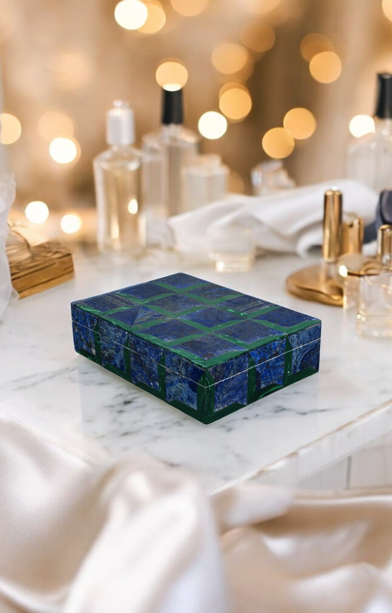 Lapis Lazuli and Green Jade Stone Inlay Antique Jewelry Box