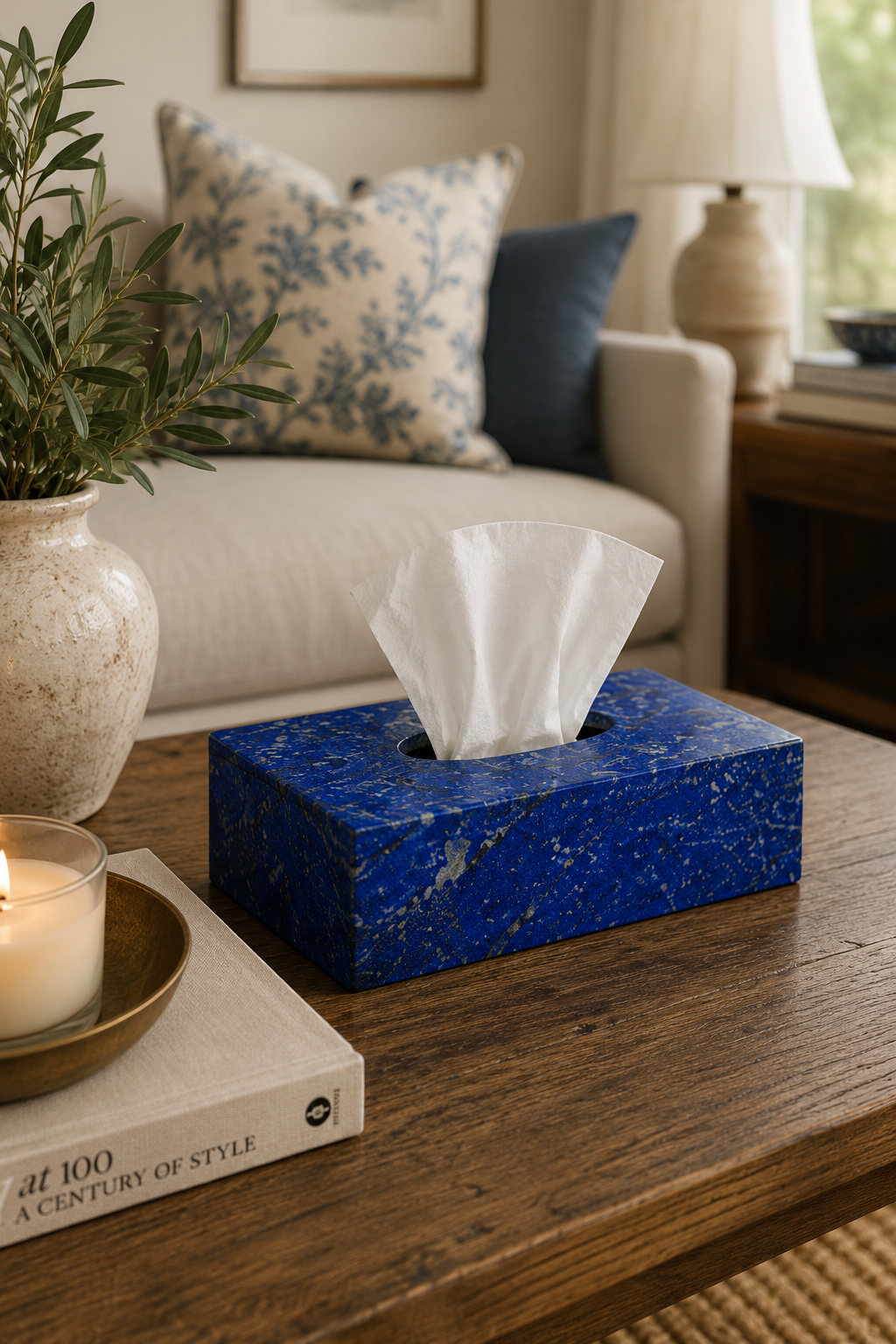 Lapis Stone Tissue Box with Natural Veining