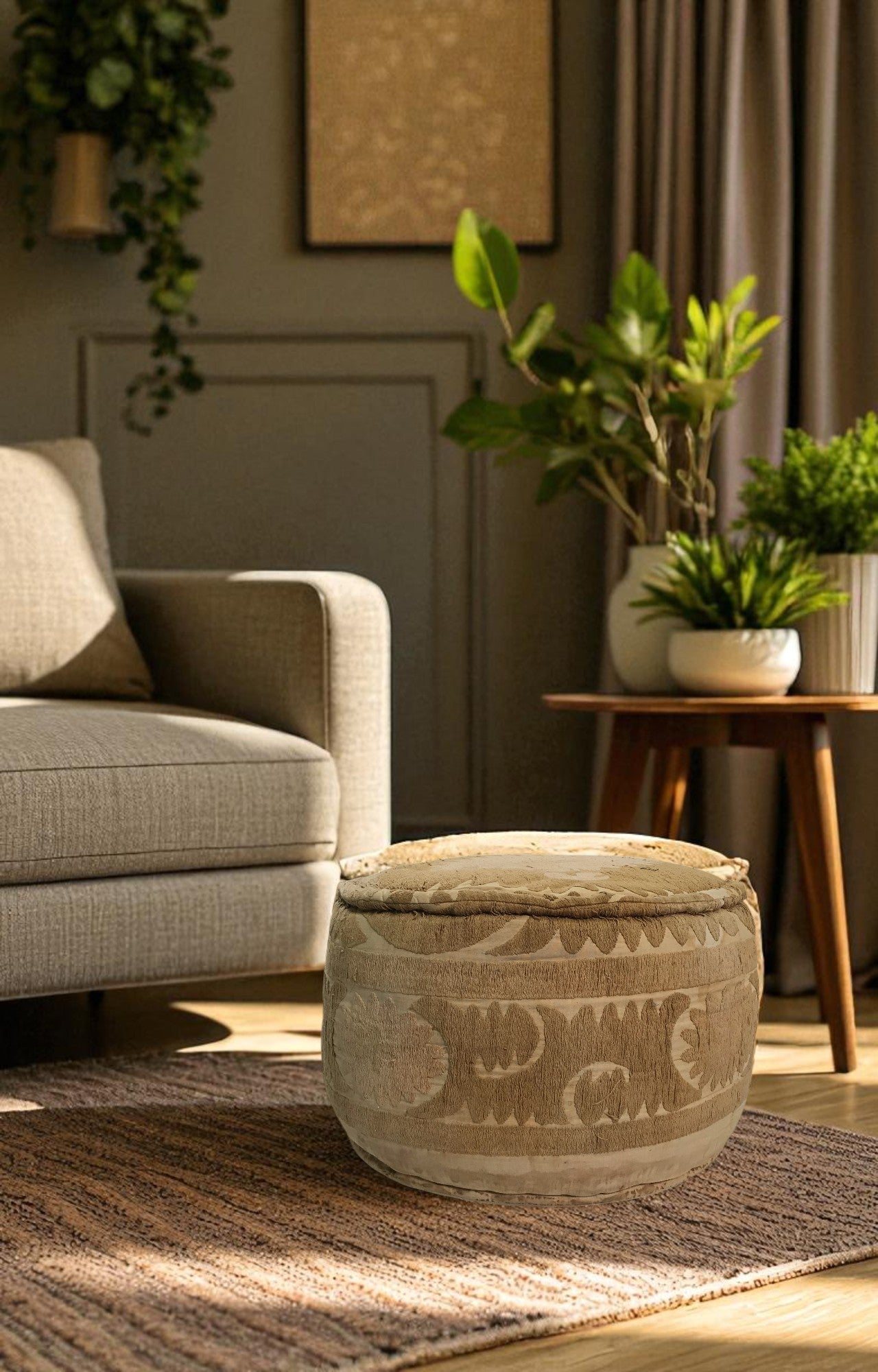 Embroidered Cotton Pouf Stool
