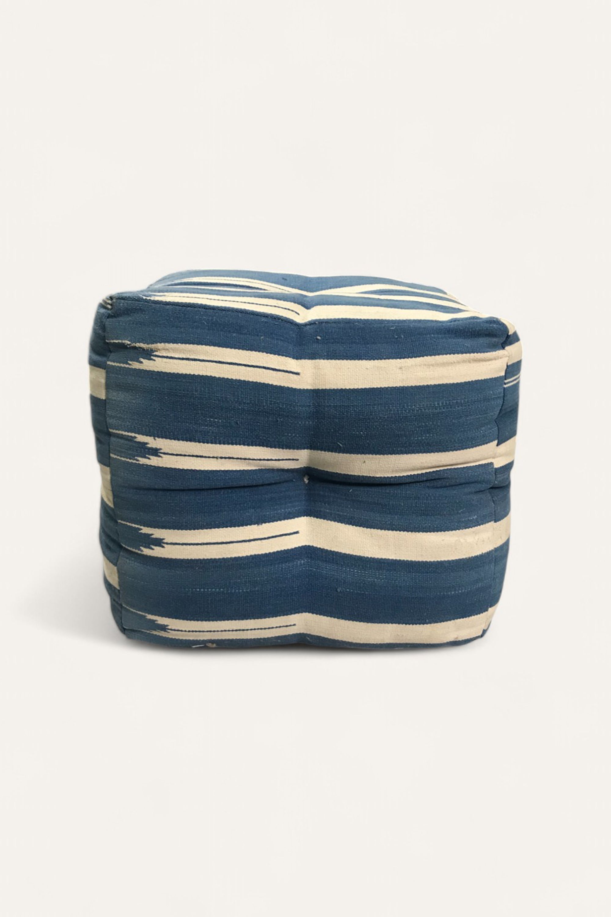 Blue and White Striped Handwoven Pouf Stool