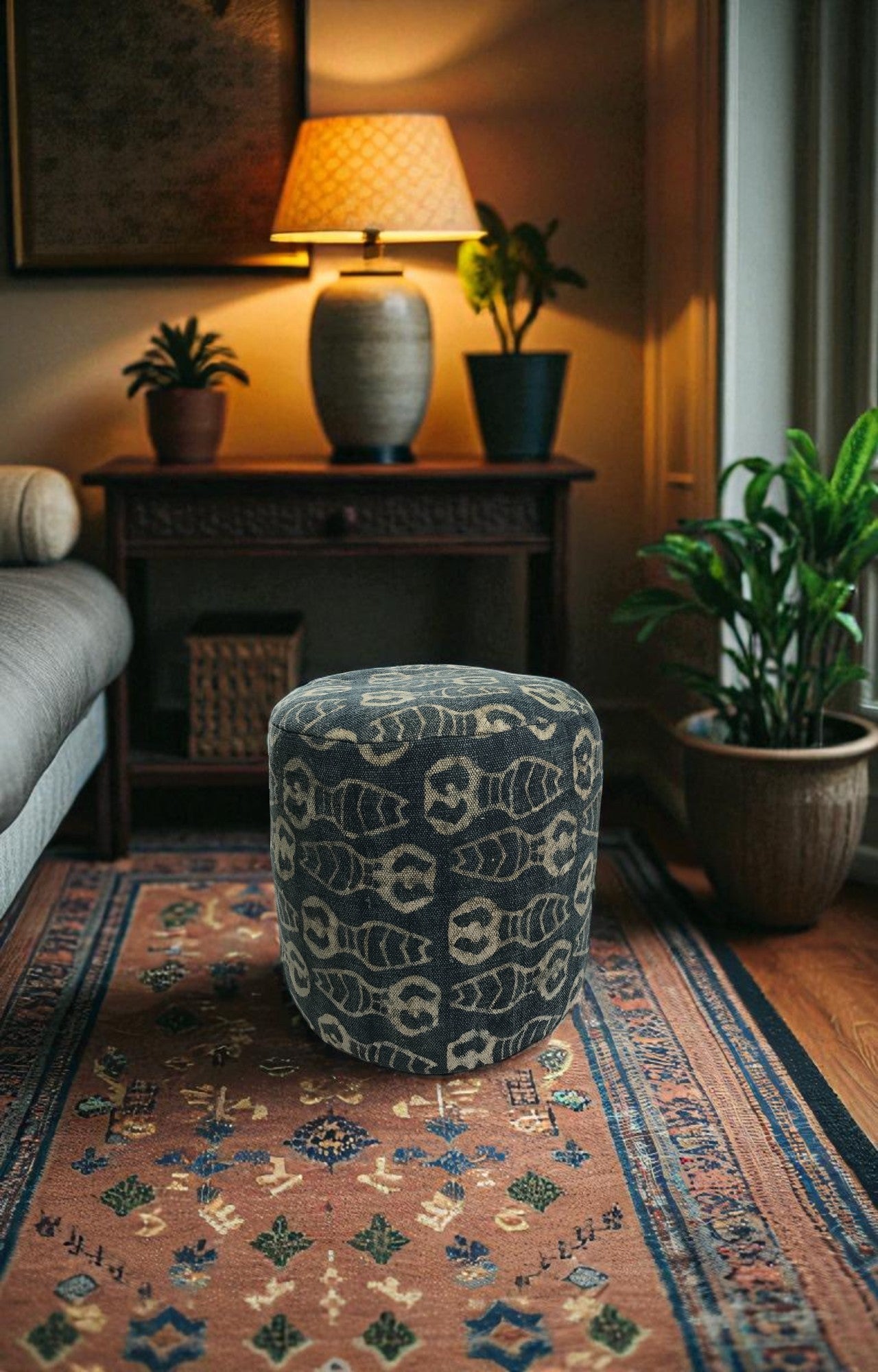 Indigo Block Print Handwoven Pouf Seat