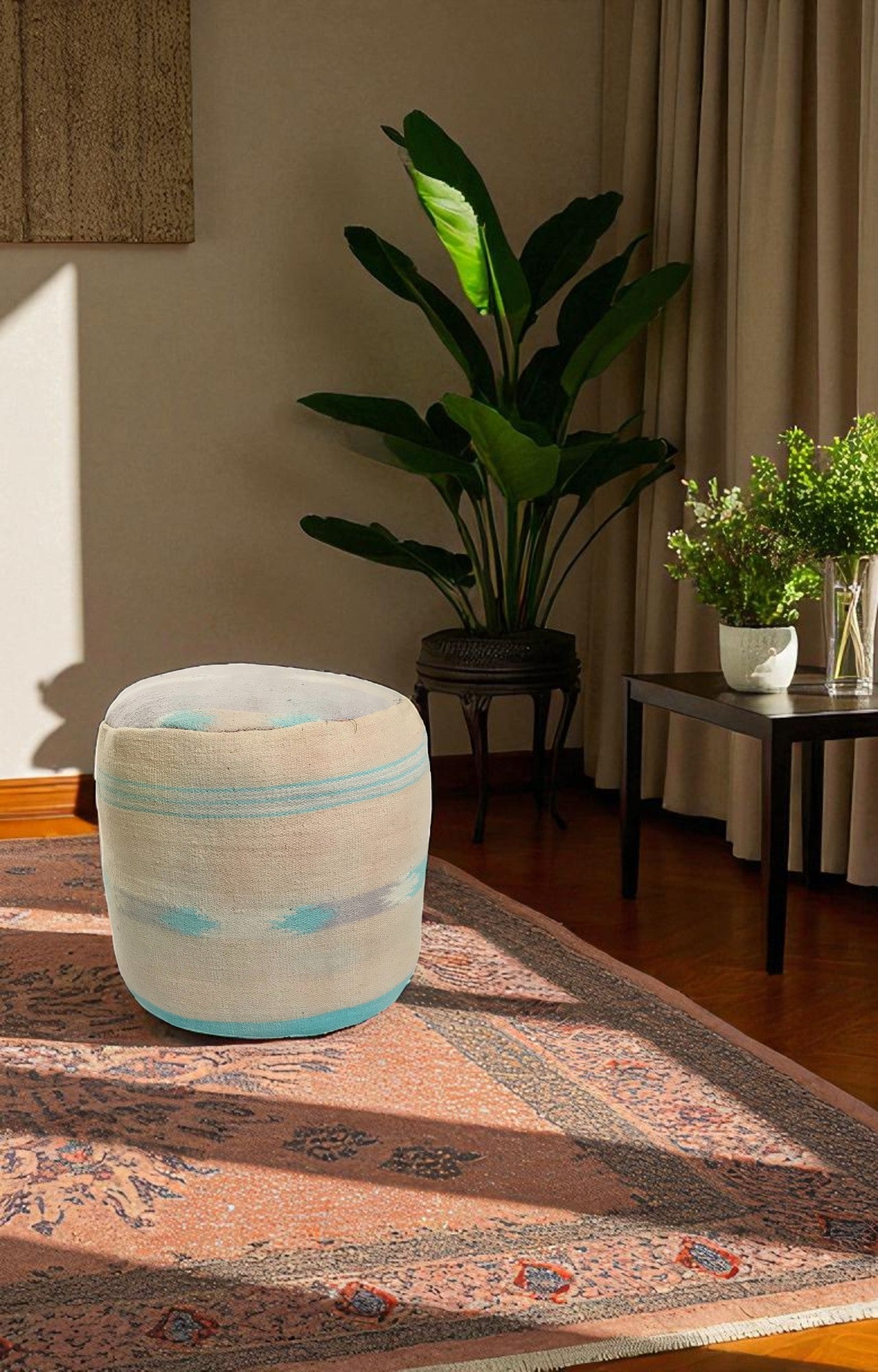 Handwoven Dhurrie Pouf Ottoman in Blue and Ivory