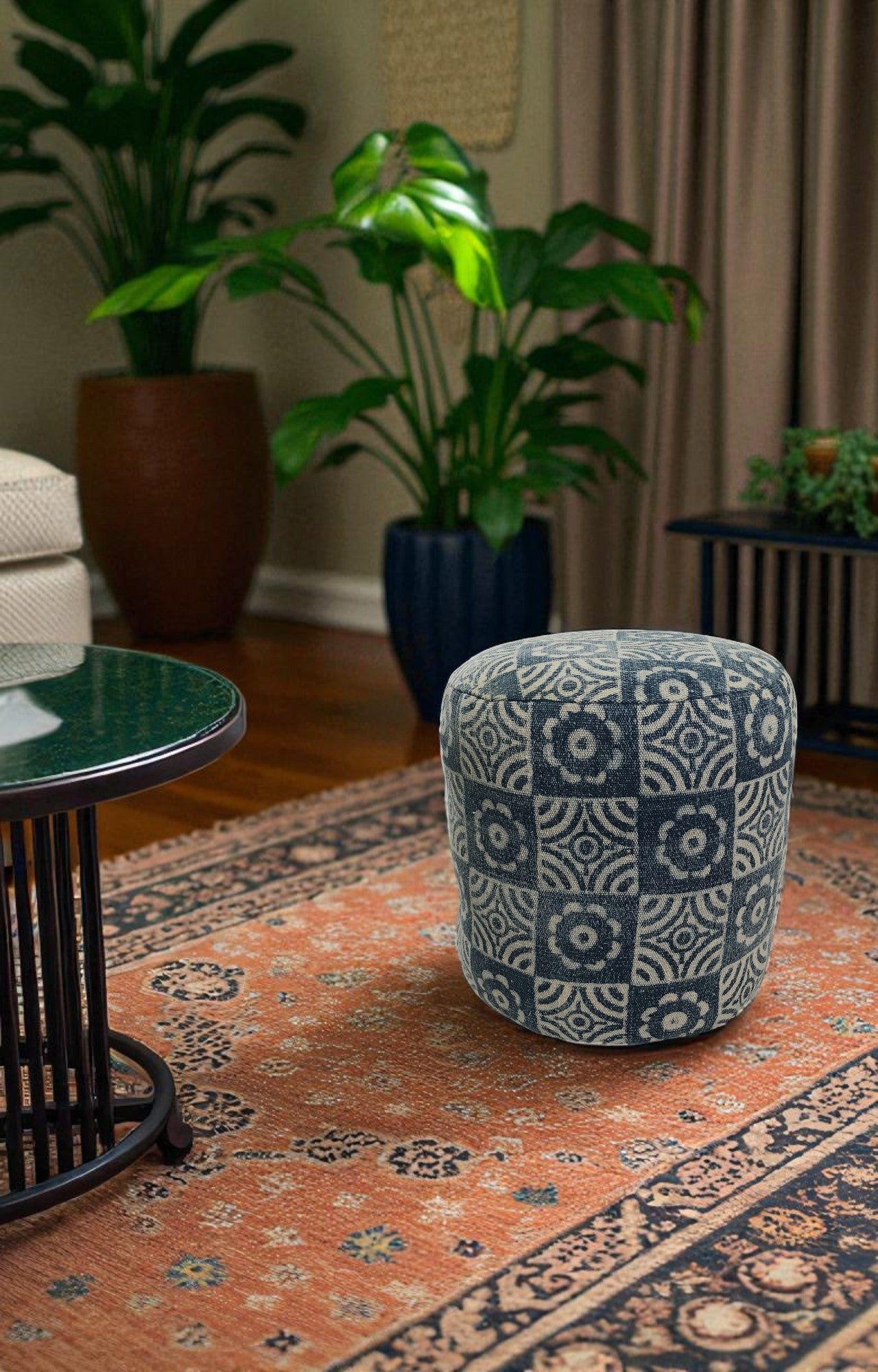 Floral Block Print Handwoven Pouf Ottoman