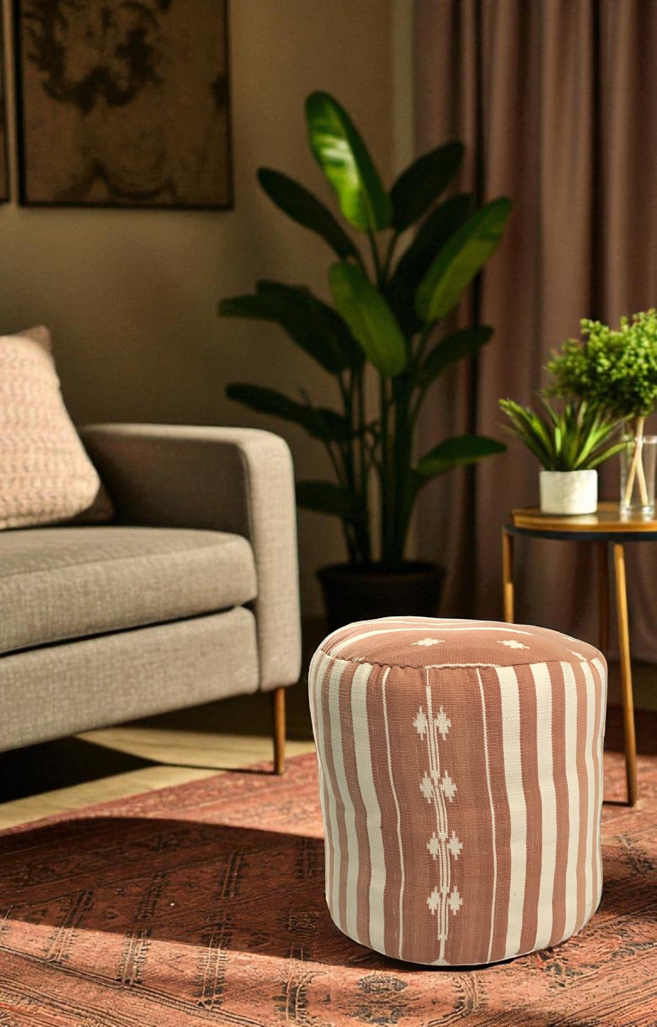 Handwoven Dhurrie Pouf Ottoman in Blush and Ivory