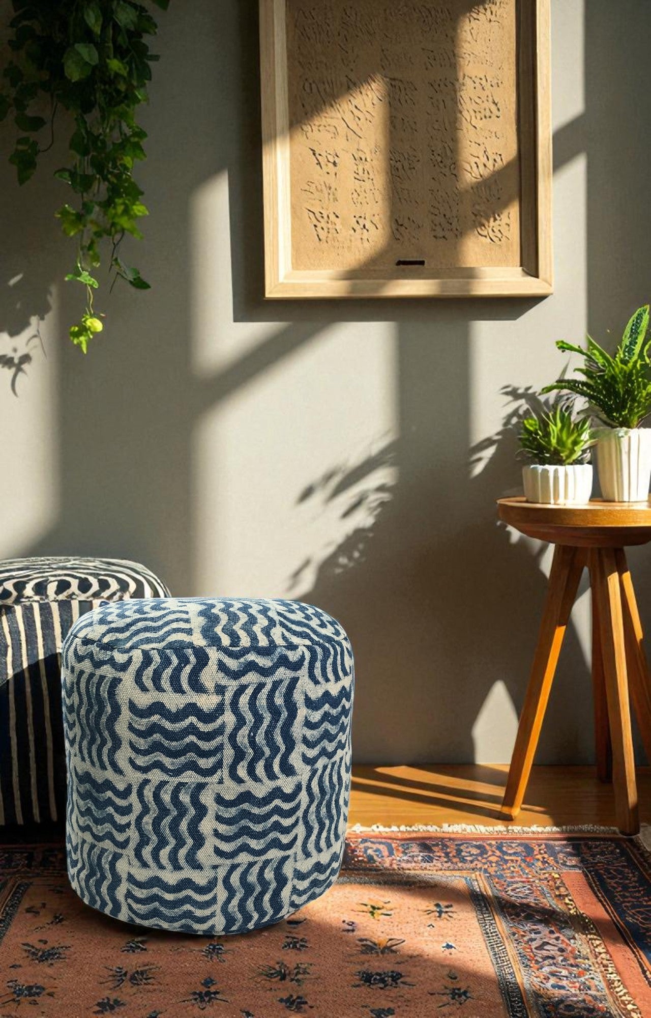 Wavy Block Print Handwoven Pouf Ottoman