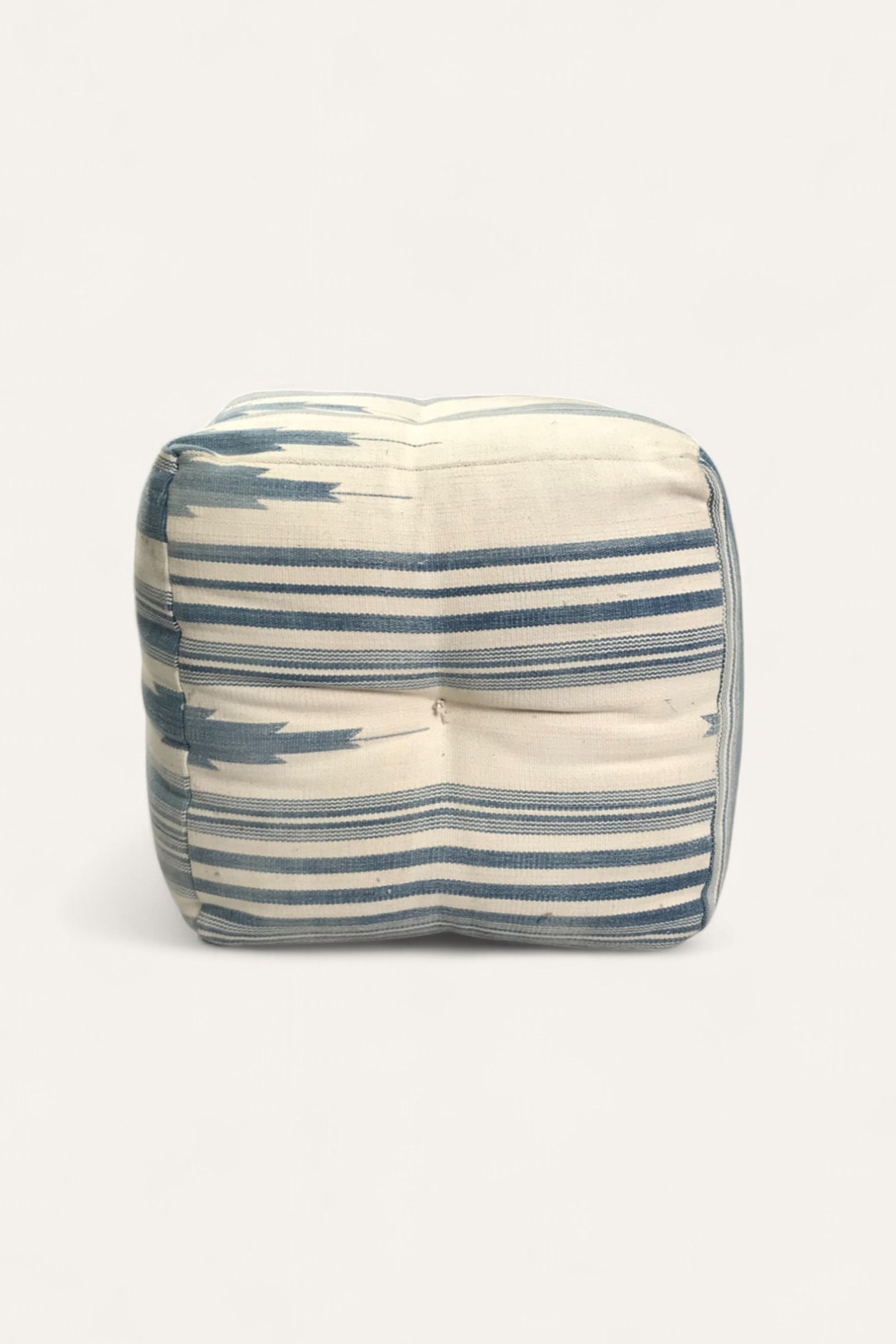 Handwoven Dhurrie Puffy Stool with Blue and White Stripes