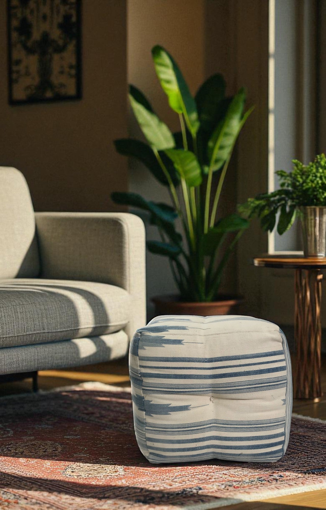 Handwoven Dhurrie Puffy Stool with Blue and White Stripes