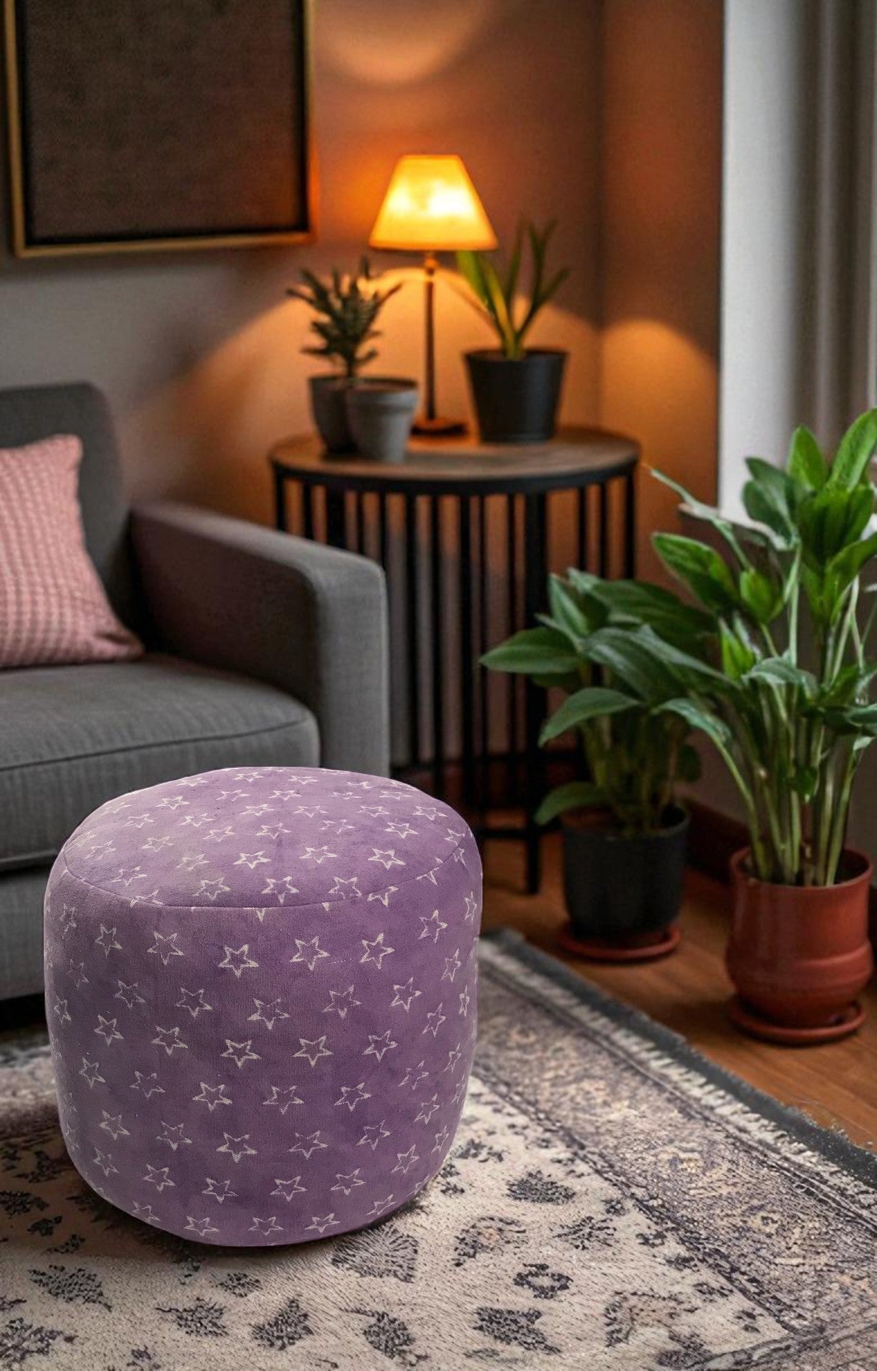Starry Night Block Print Pouf Ottoman