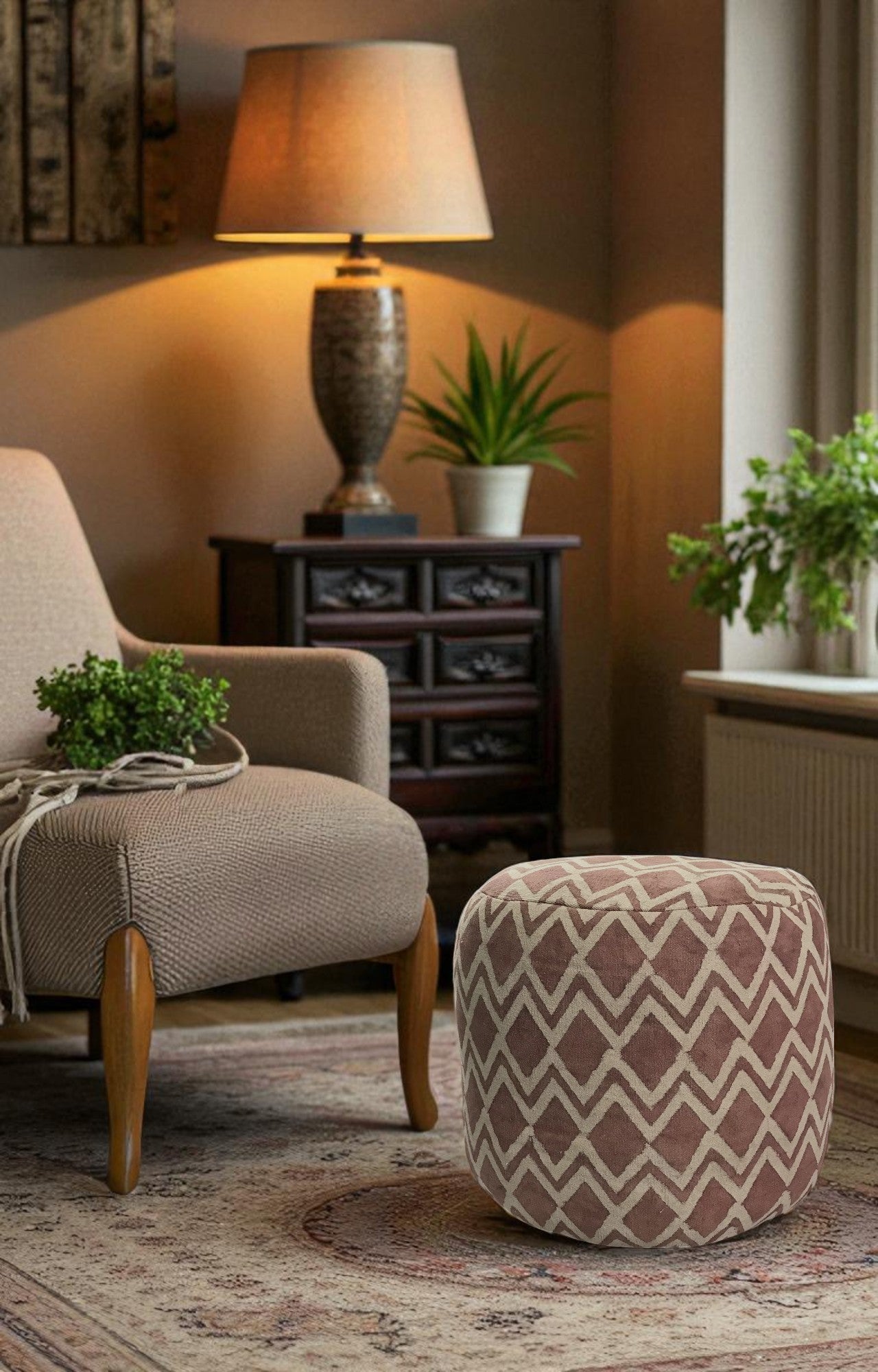 Geometric Block Print Pouf Ottoman in Blush and Ivory