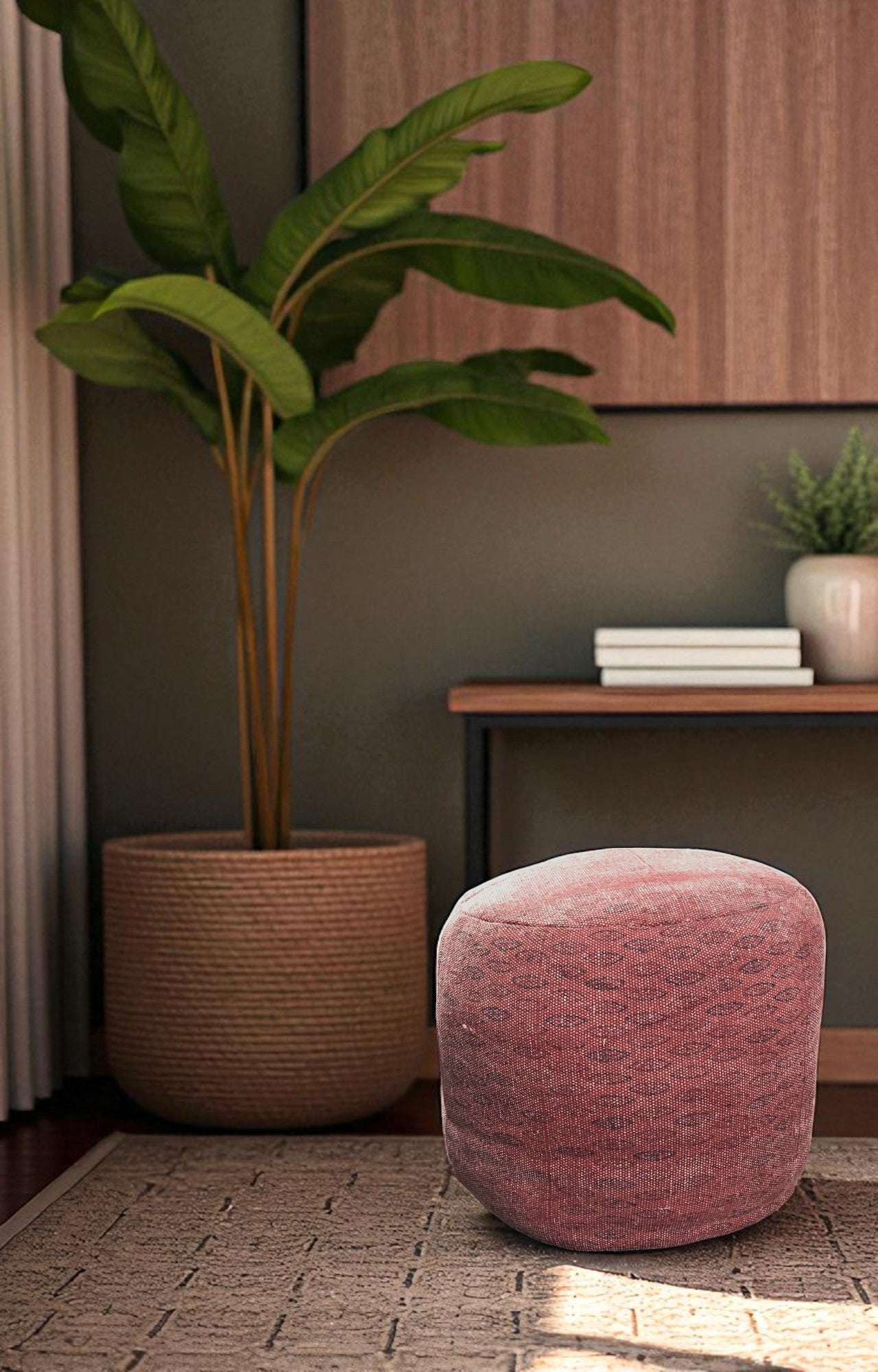 Handwoven Dhurrie Pouf Ottoman in Burgundy