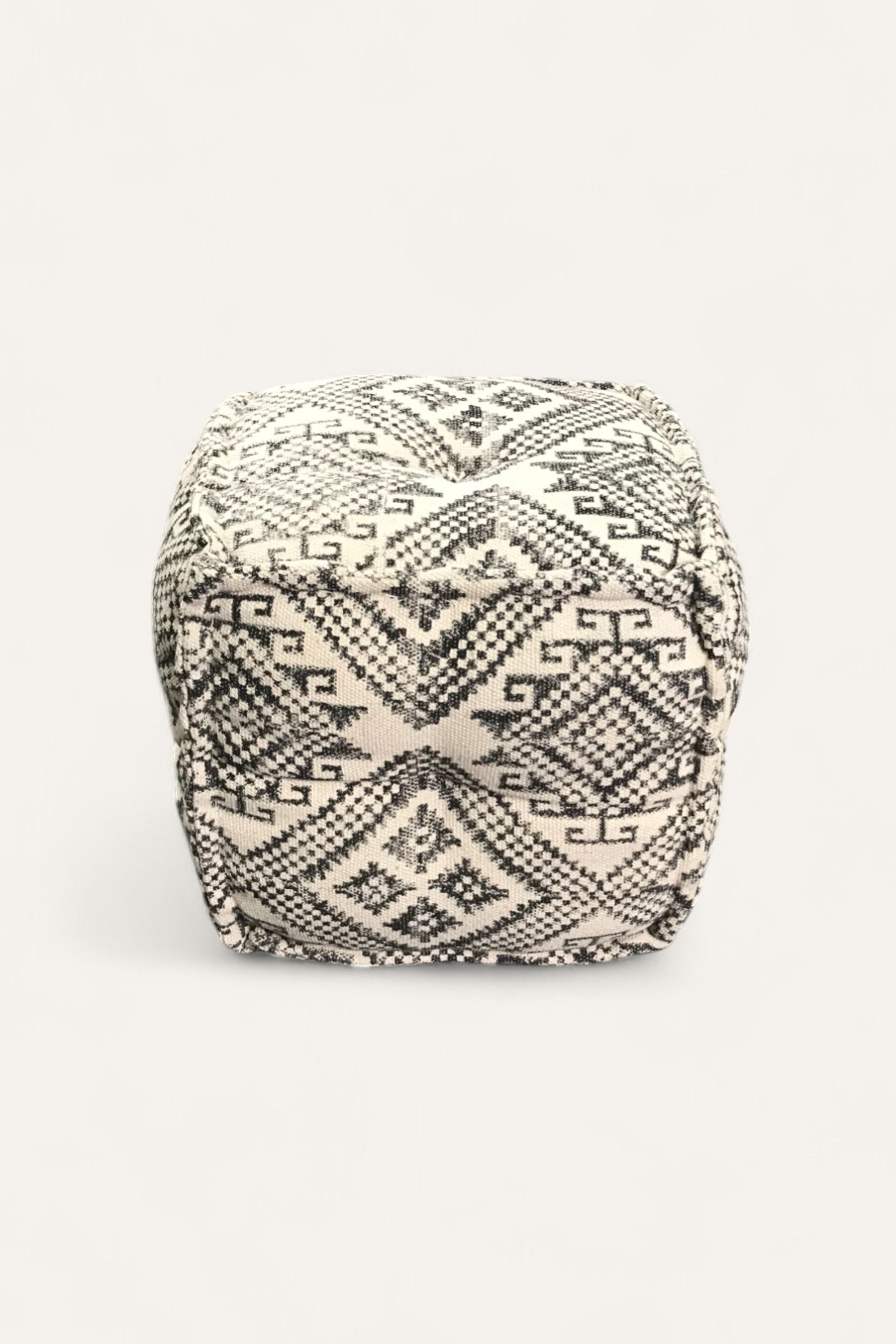 Handwoven Dhurrie Puffy Stool with Geometric Block Print