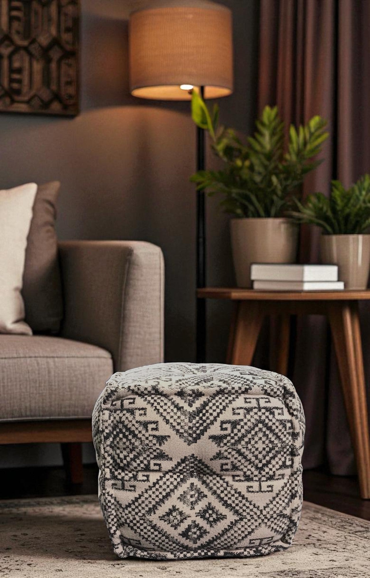 Handwoven Dhurrie Puffy Stool with Geometric Block Print