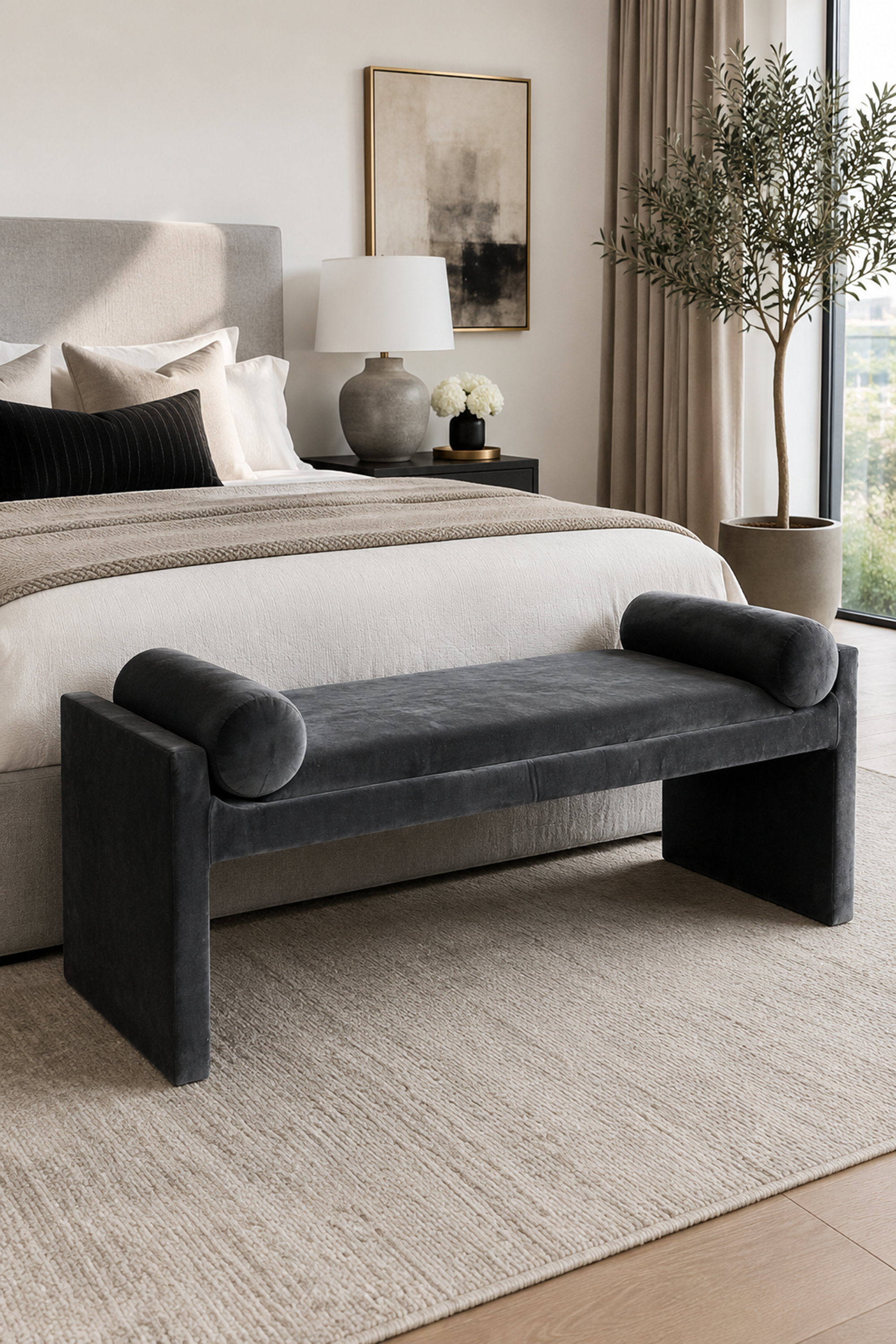 Modern Black Solid Wood Bench with Bolster Cushions