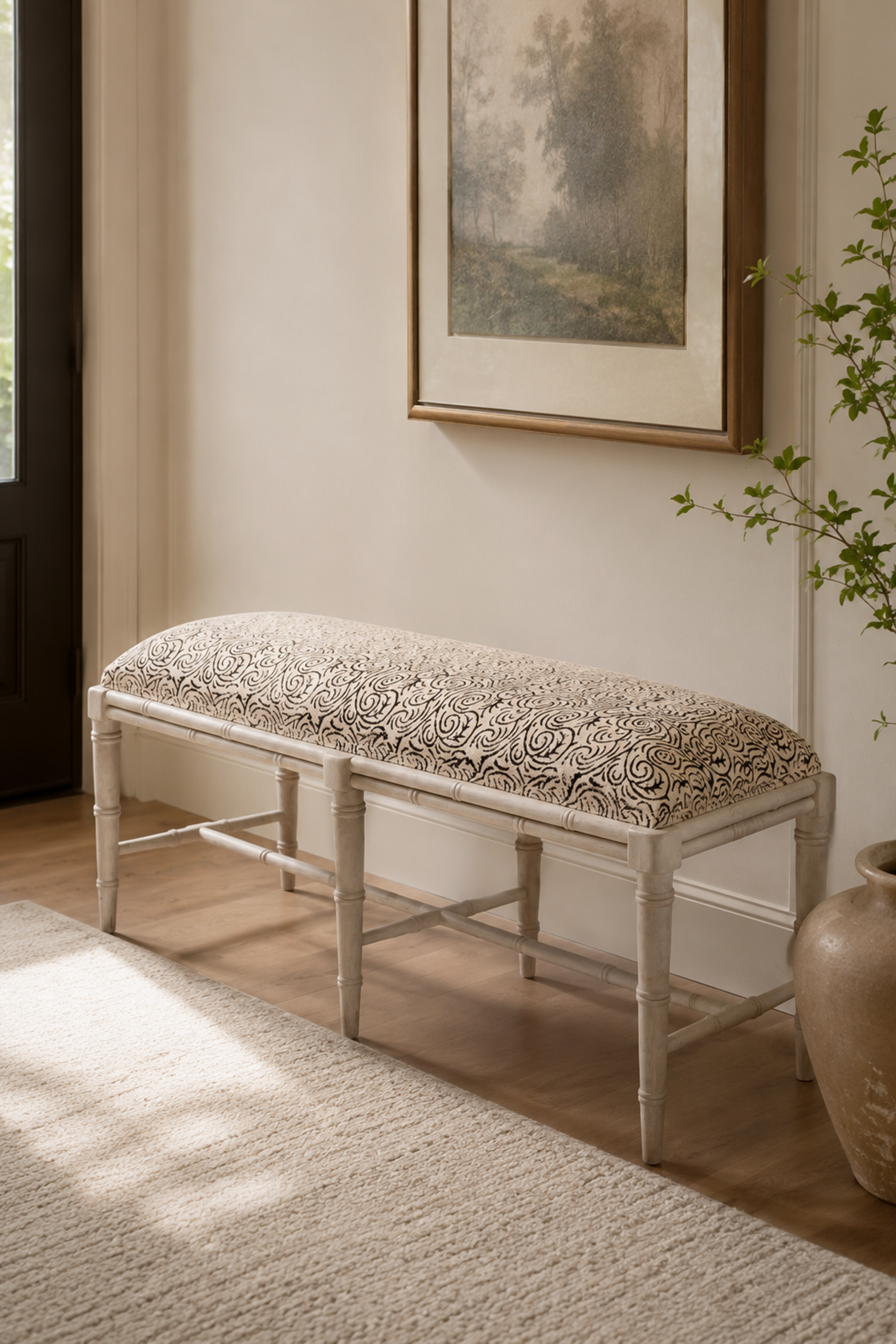 Printed Cotton Upholstered Wood Bench with Cross Stretcher Base