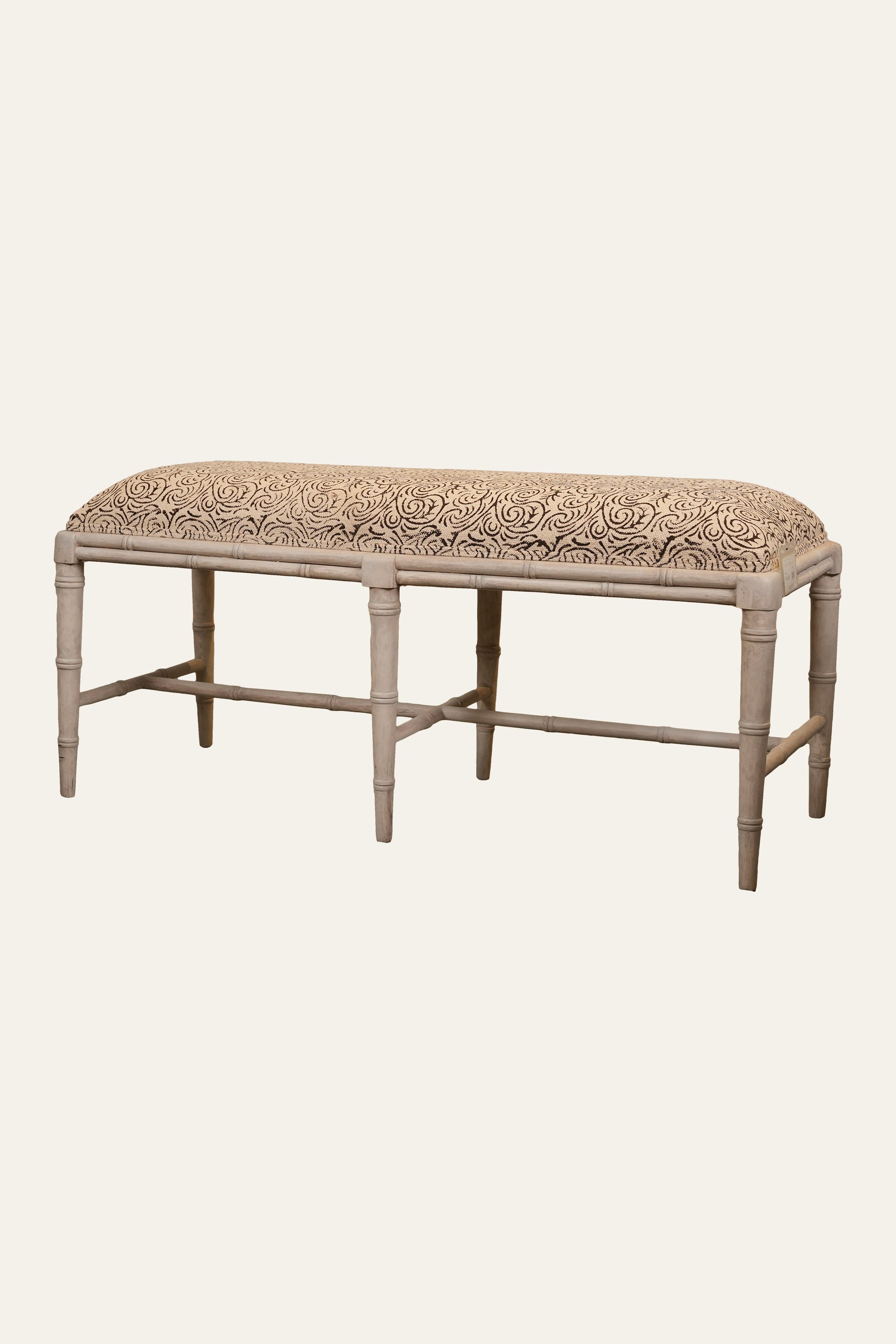 Printed Cotton Upholstered Wood Bench with Cross Stretcher Base