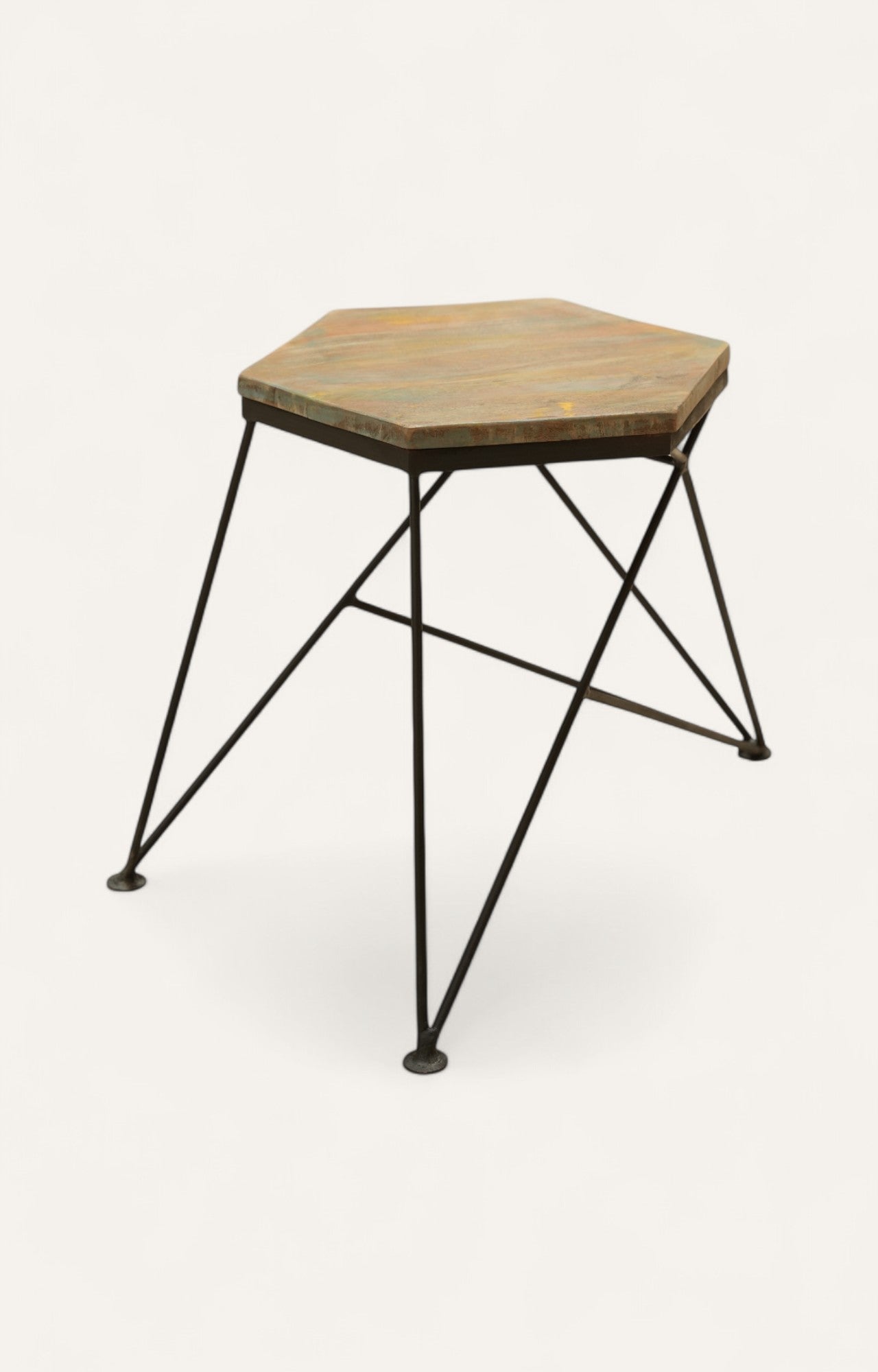 Hexagonal wooden table with metal legs 