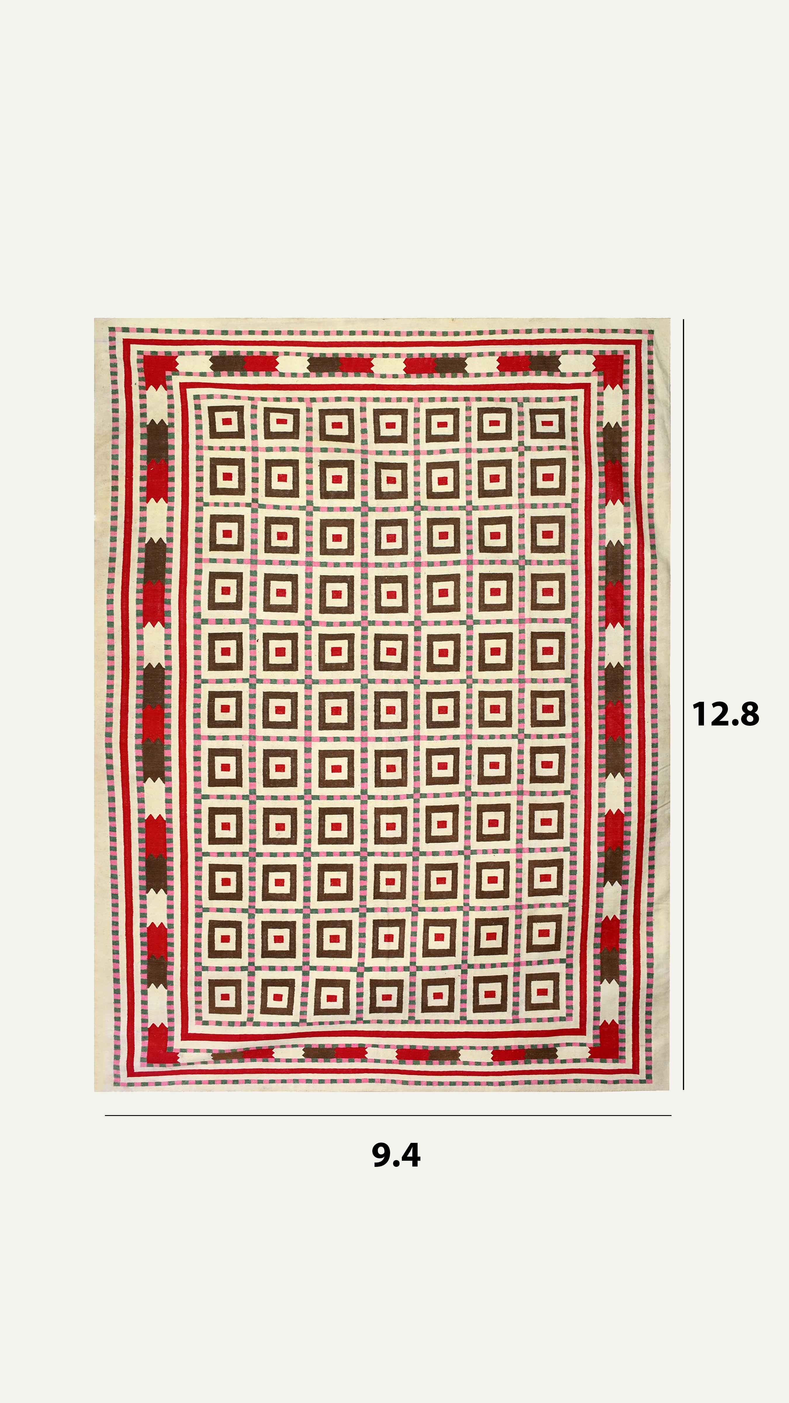 9.4 x 12.8 Ft Handwoven Flatweave Square Pattern Cotton Rug