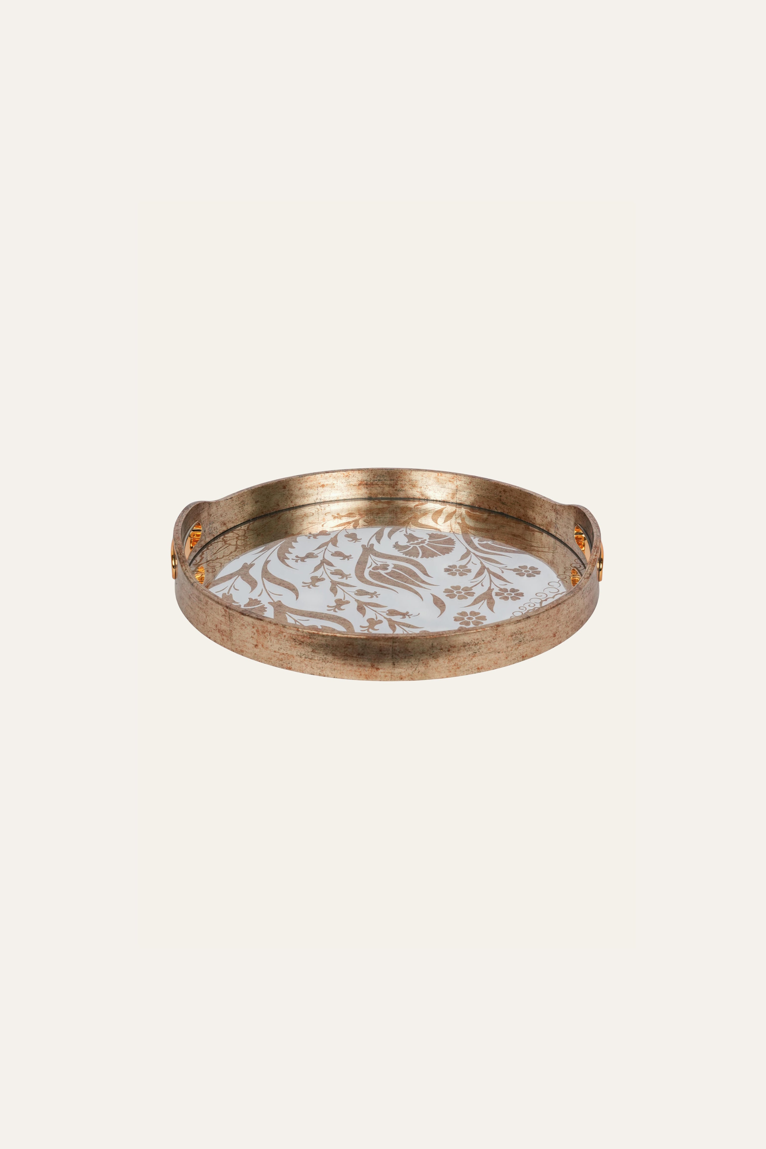 Small round glass tray with gold floral base