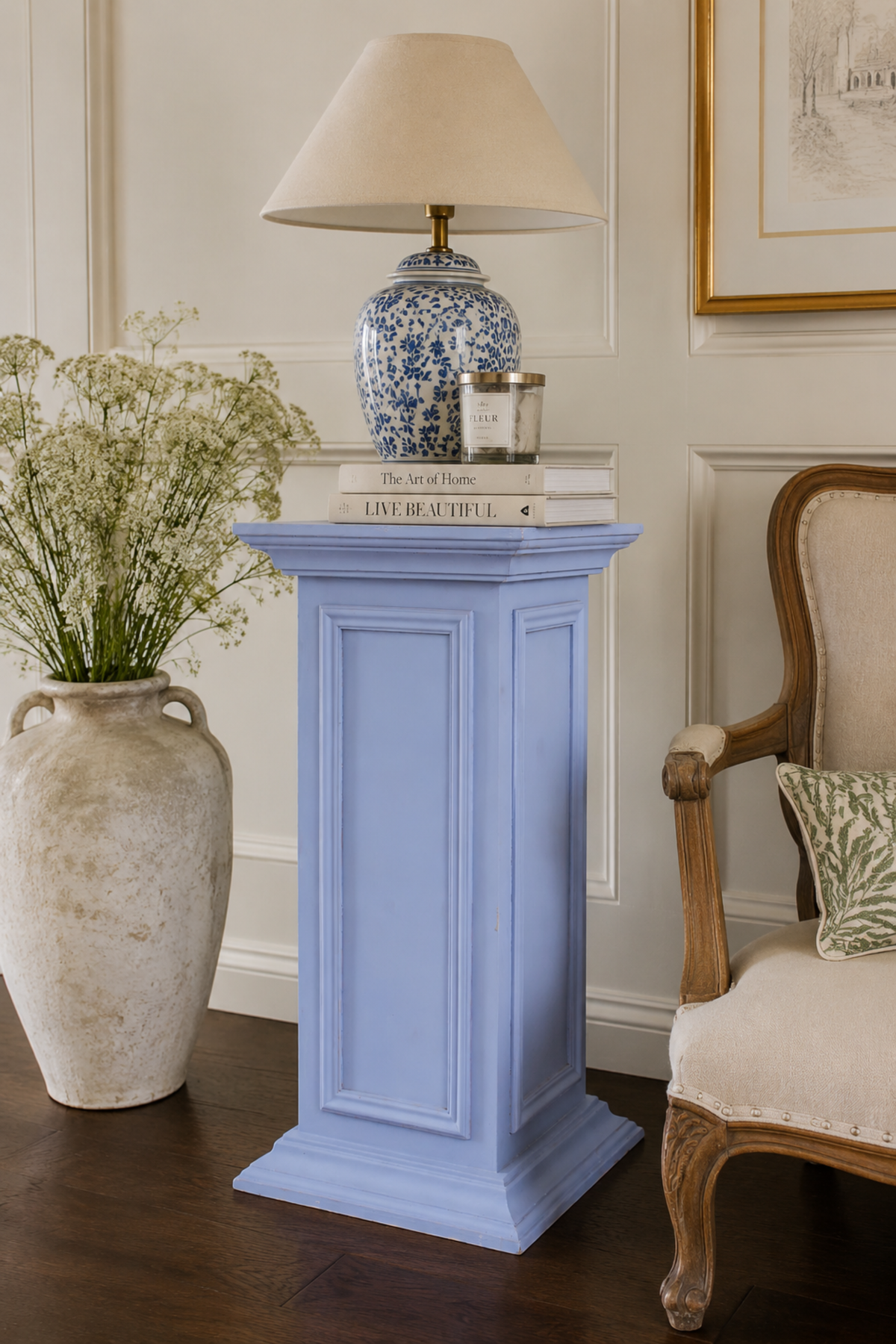 Soft blue resin pedestal for home decor