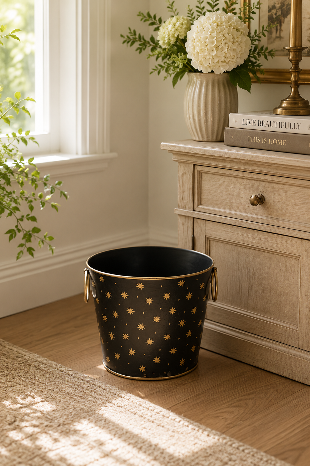 Star Print Metal Bin with Handles in Black