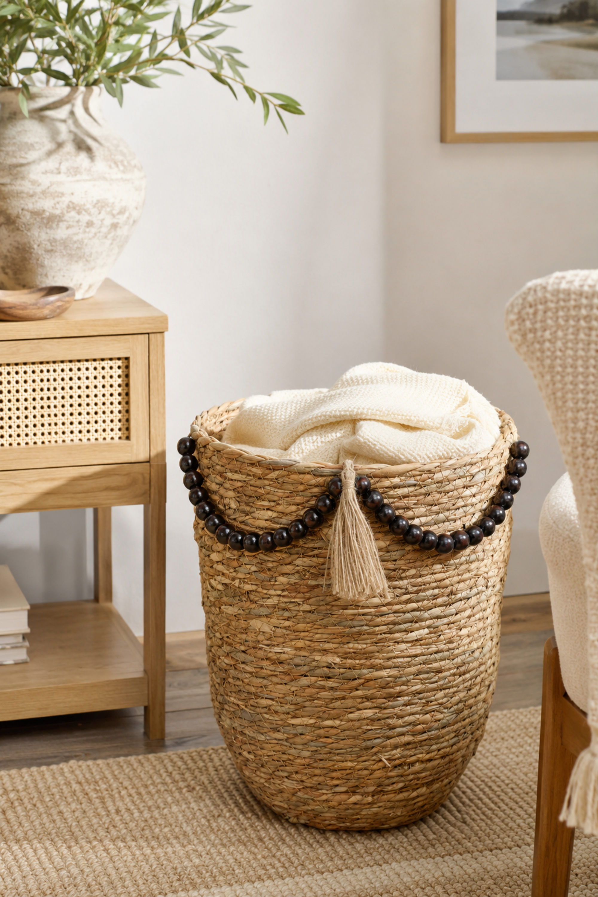 Straw & Wooden Bead Woven Basket - Large