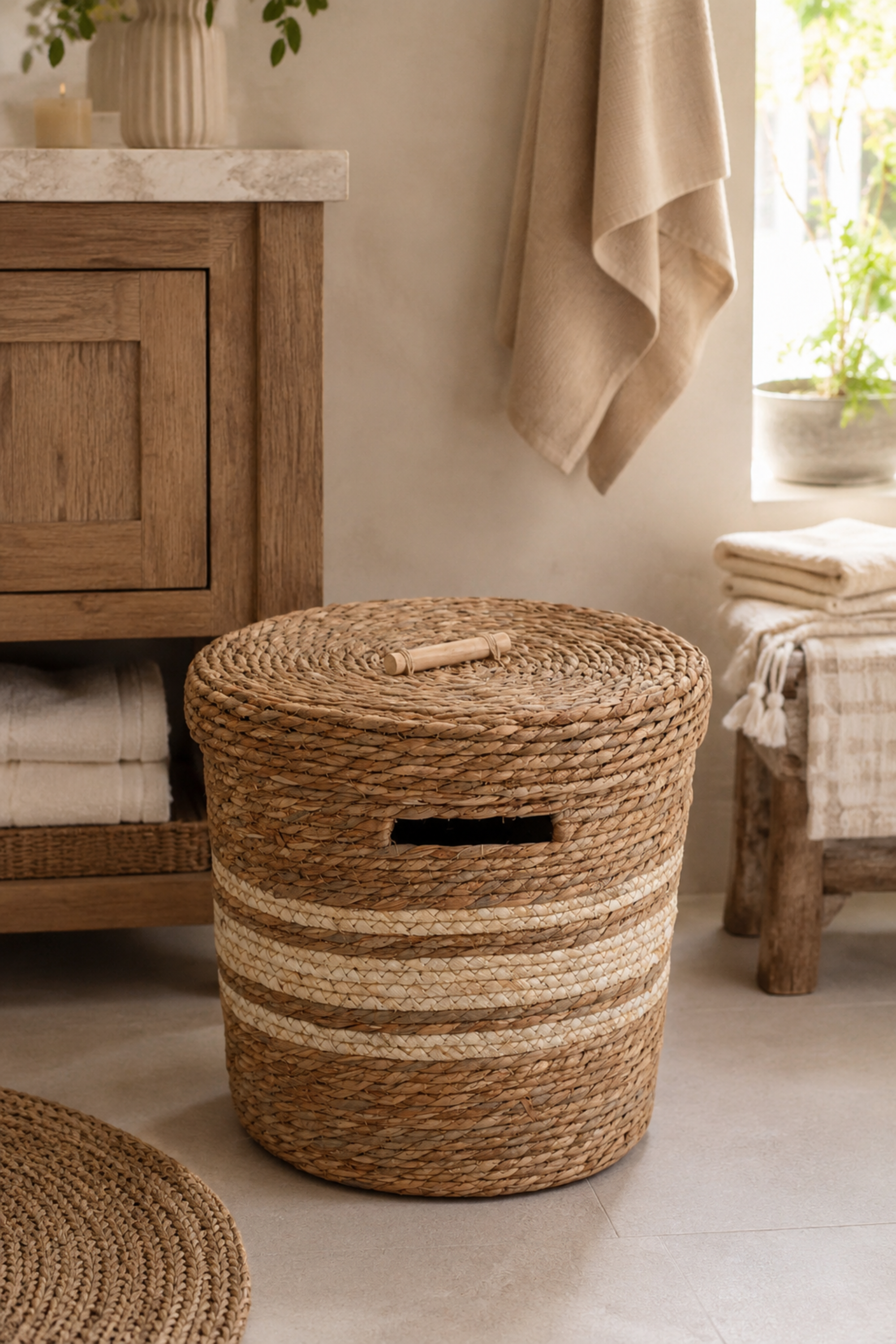 Striped Straw & Wood Lidded Basket - Medium