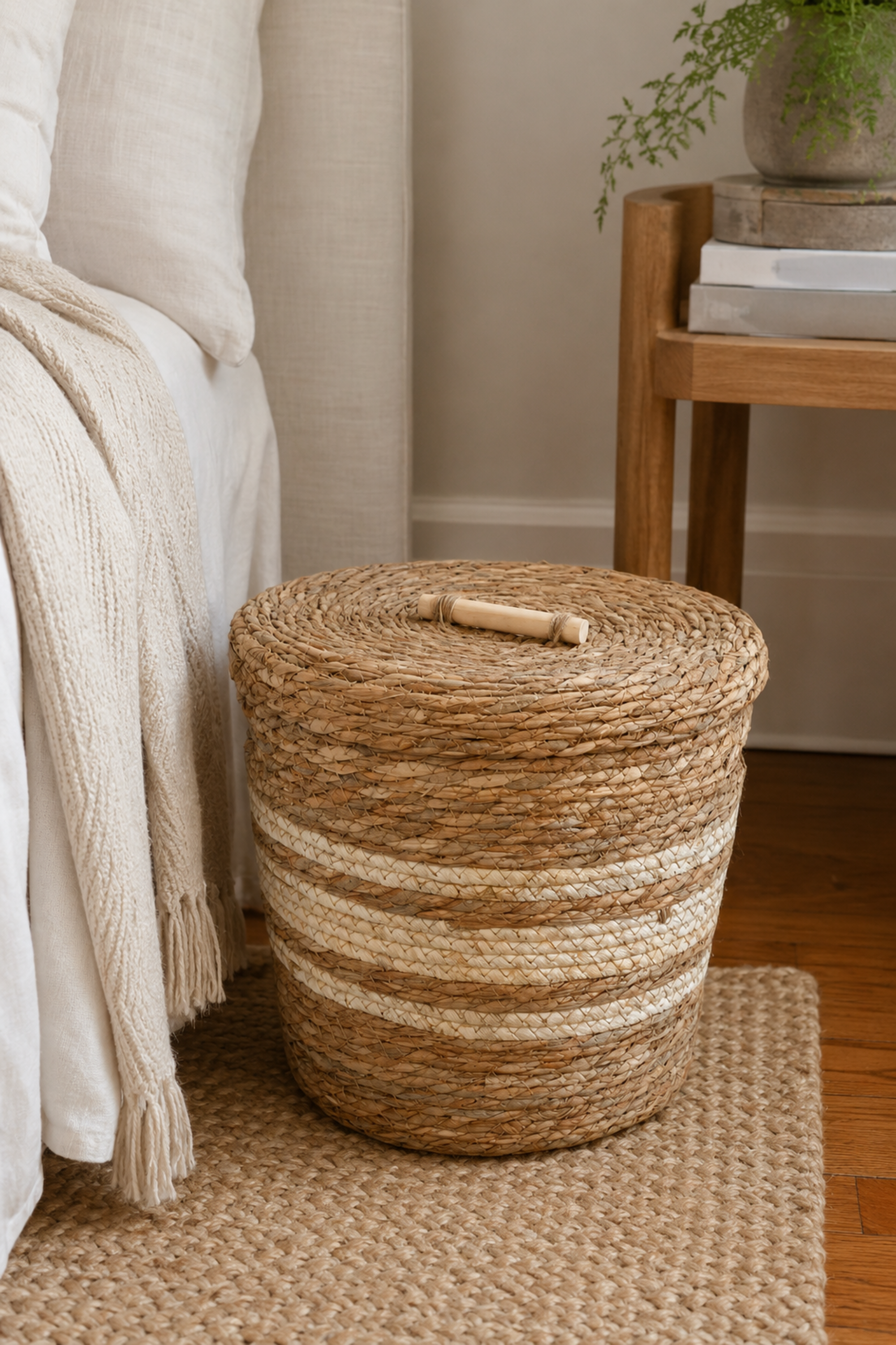 Striped Straw & Wood  Storage Basket - Small