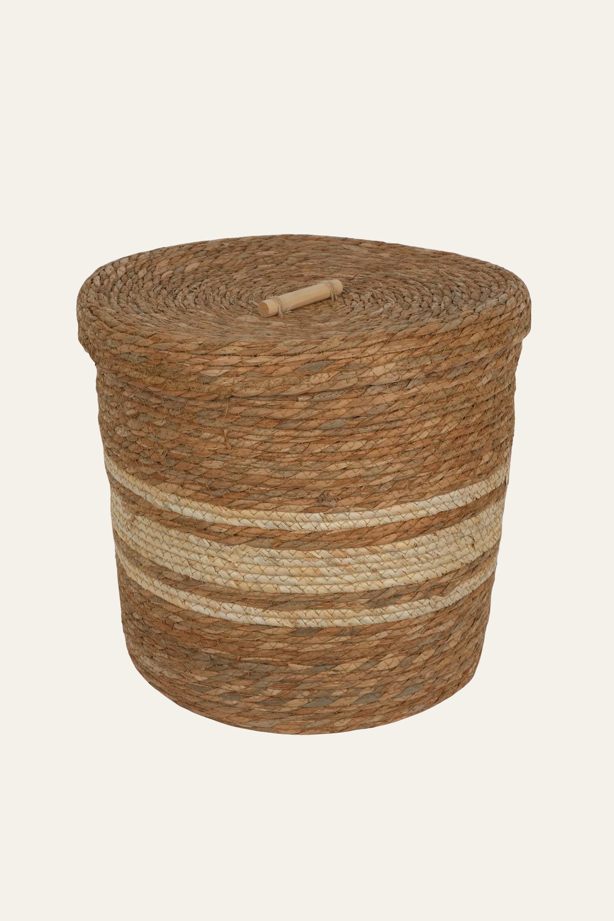 Striped Straw & Wood Lidded Basket