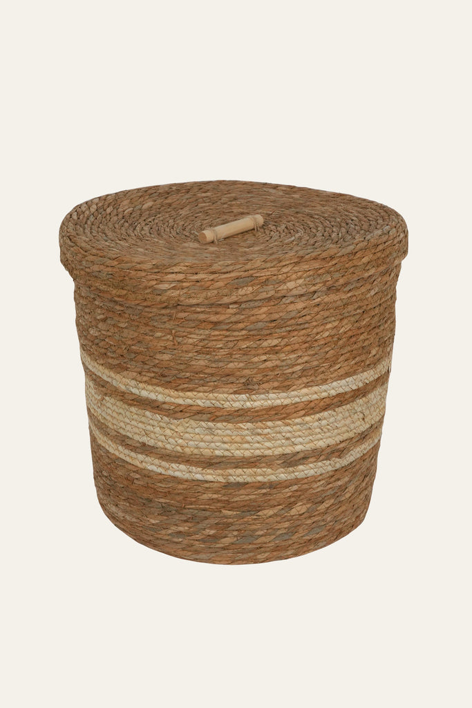 Striped Straw & Wood Lidded Basket