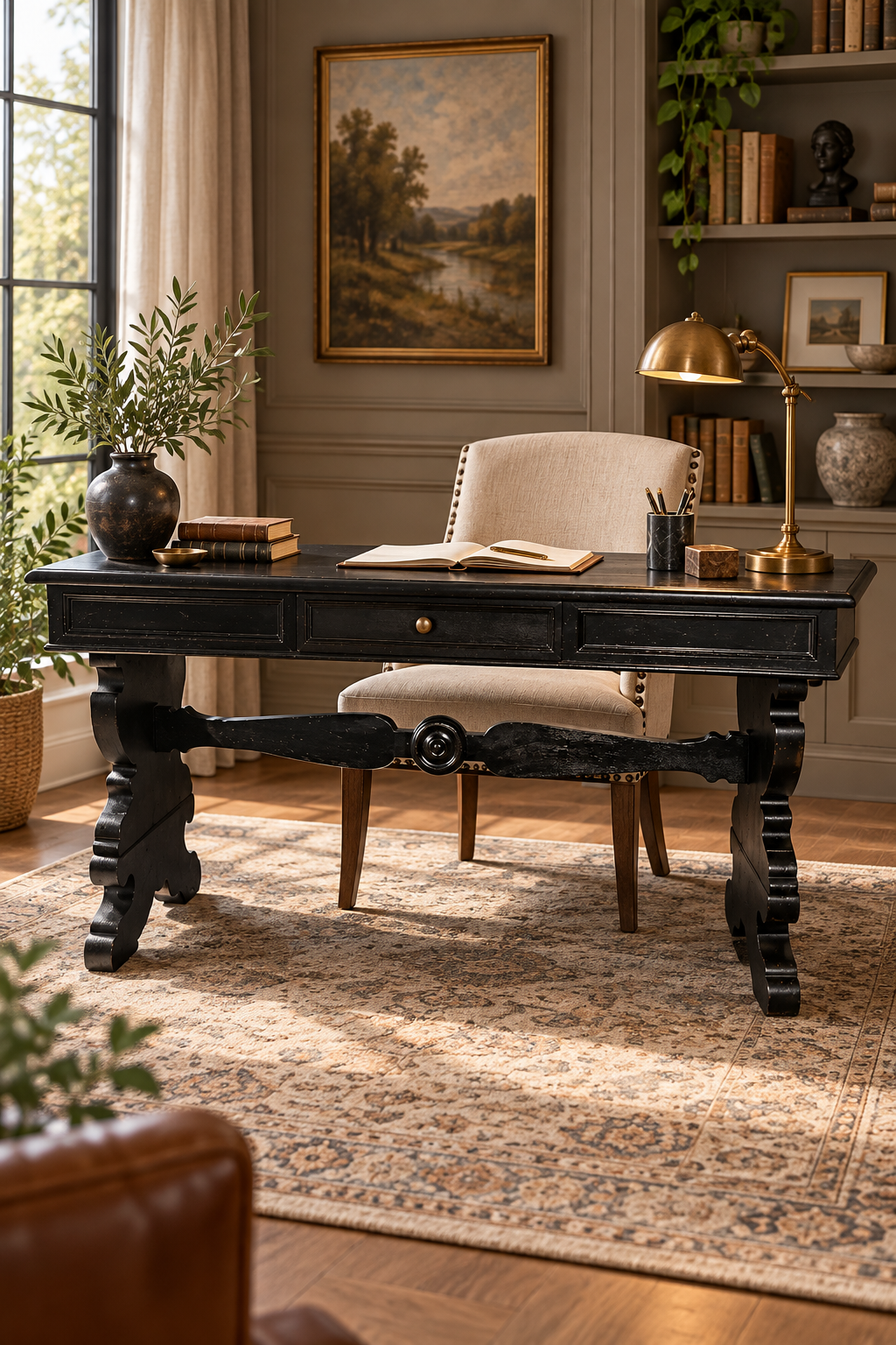 Black Carved Writing Desk with Lyre Trestle Legs